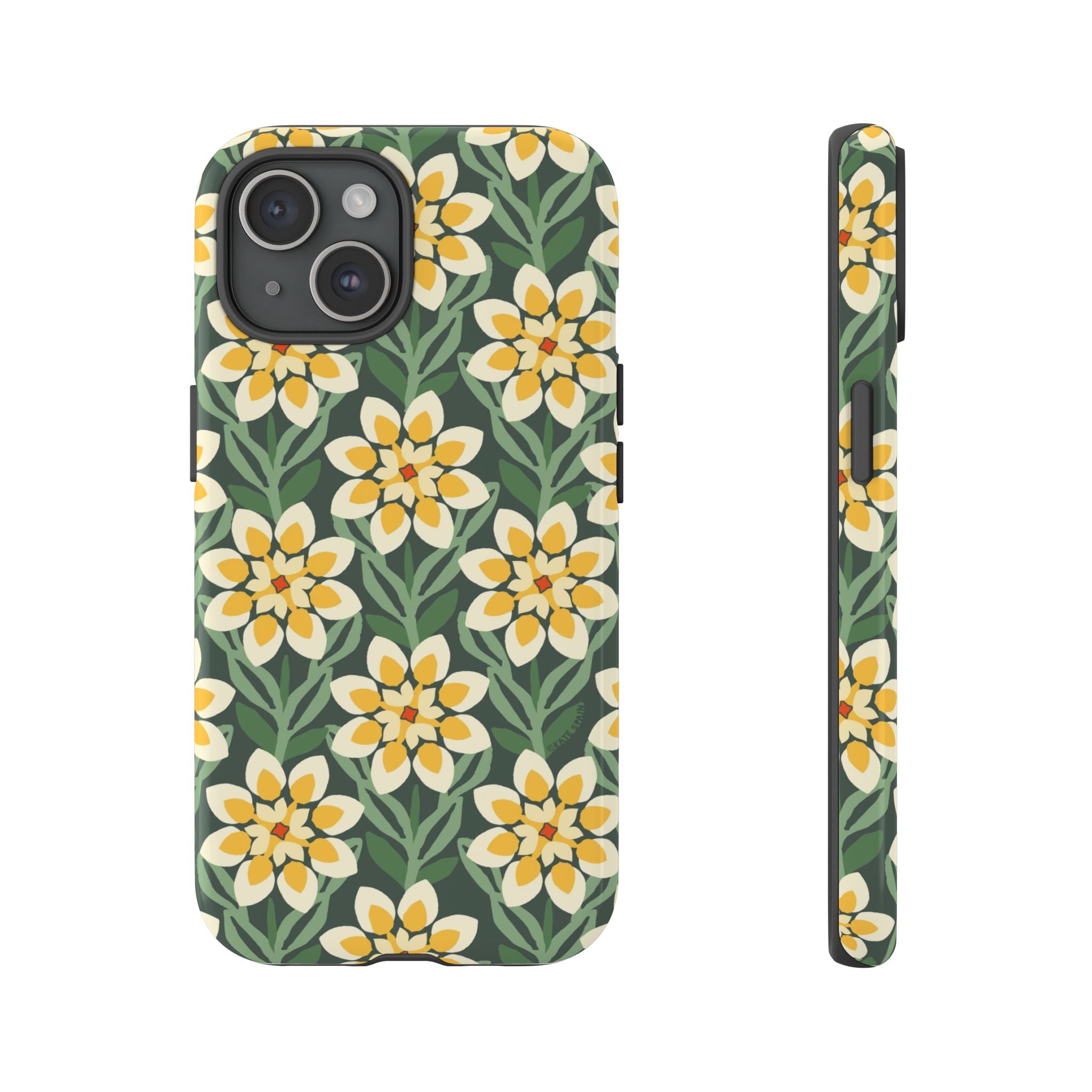 Designer Modern Dahlia Tough iPhone 15 Case – Glossy | yellow, cream, green dahlia floral print