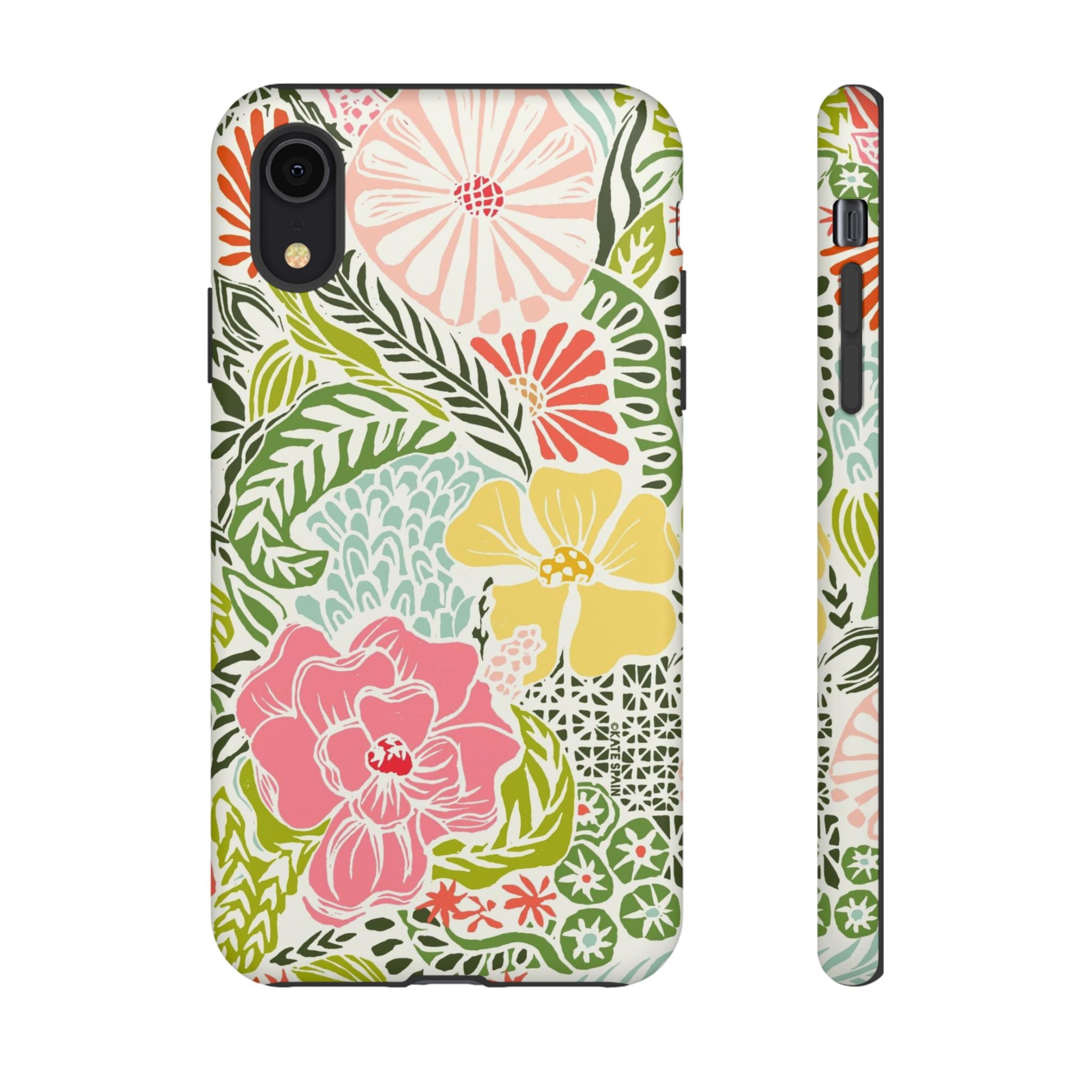 Tropica Tough iPhone XR Case – Matte | cream, pink, yellow, blue botanical floral print