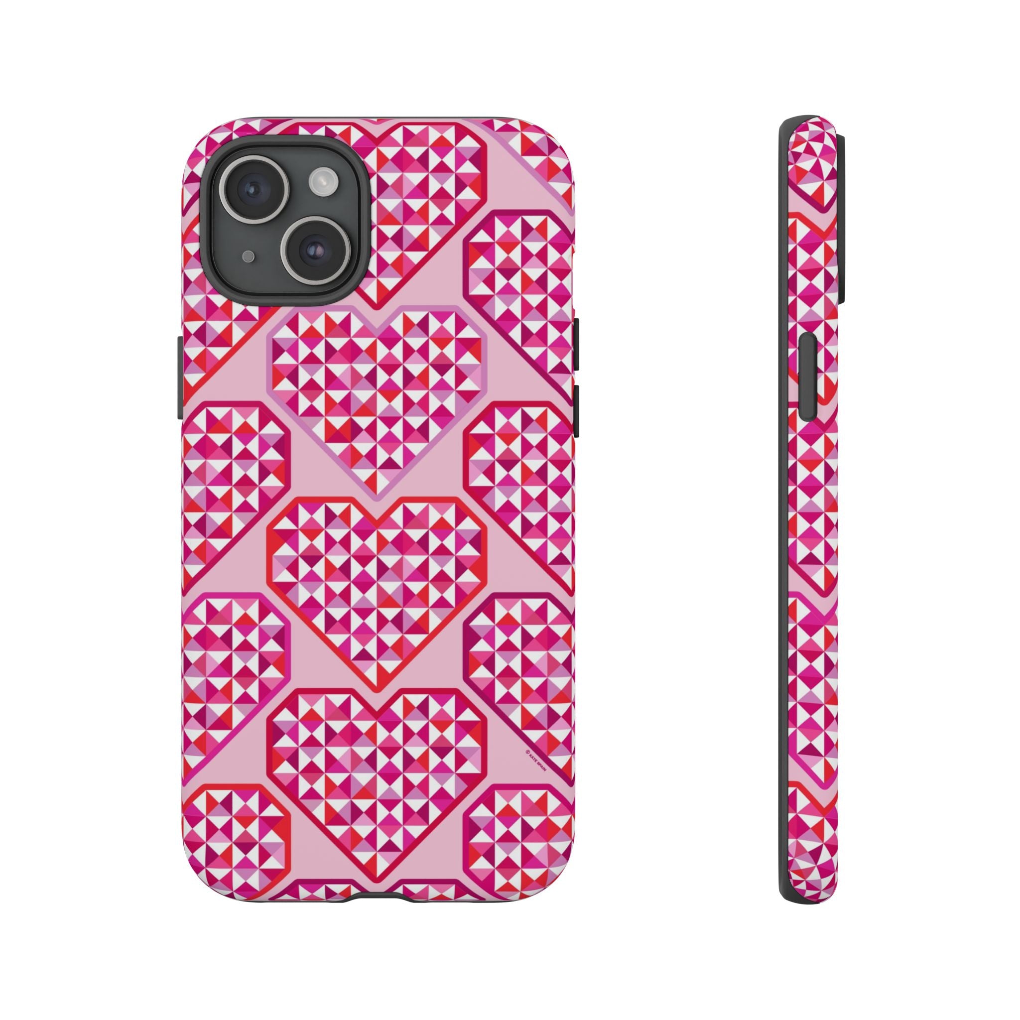 Pink Pyramid Heart Tough iPhone 15 Plus Case – Matte | blush, pink, magenta, red geometric pyramid heart print
