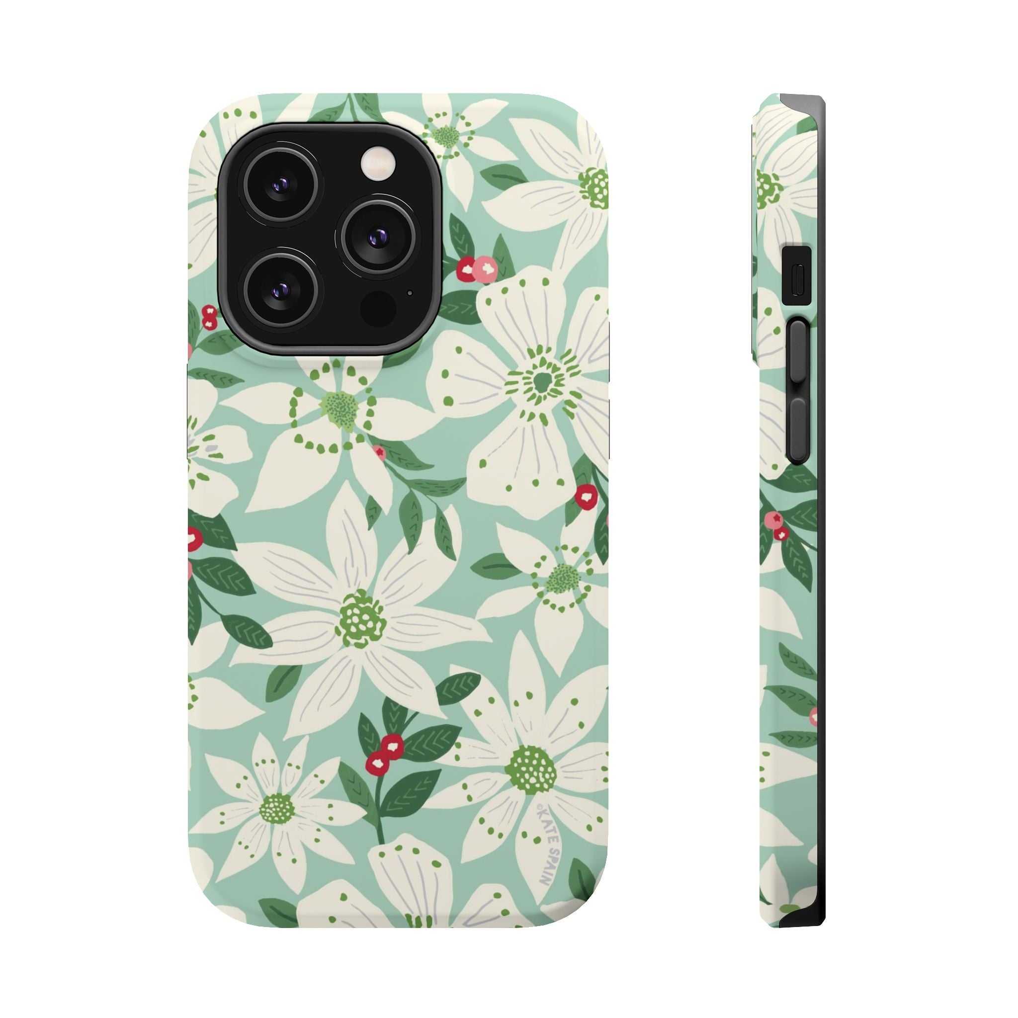 Gardenia MagSafe iPhone 14 Pro Case – Matte | light blue, white, green, red gardenia botanical print MagSafe compatible, dual-layer protection