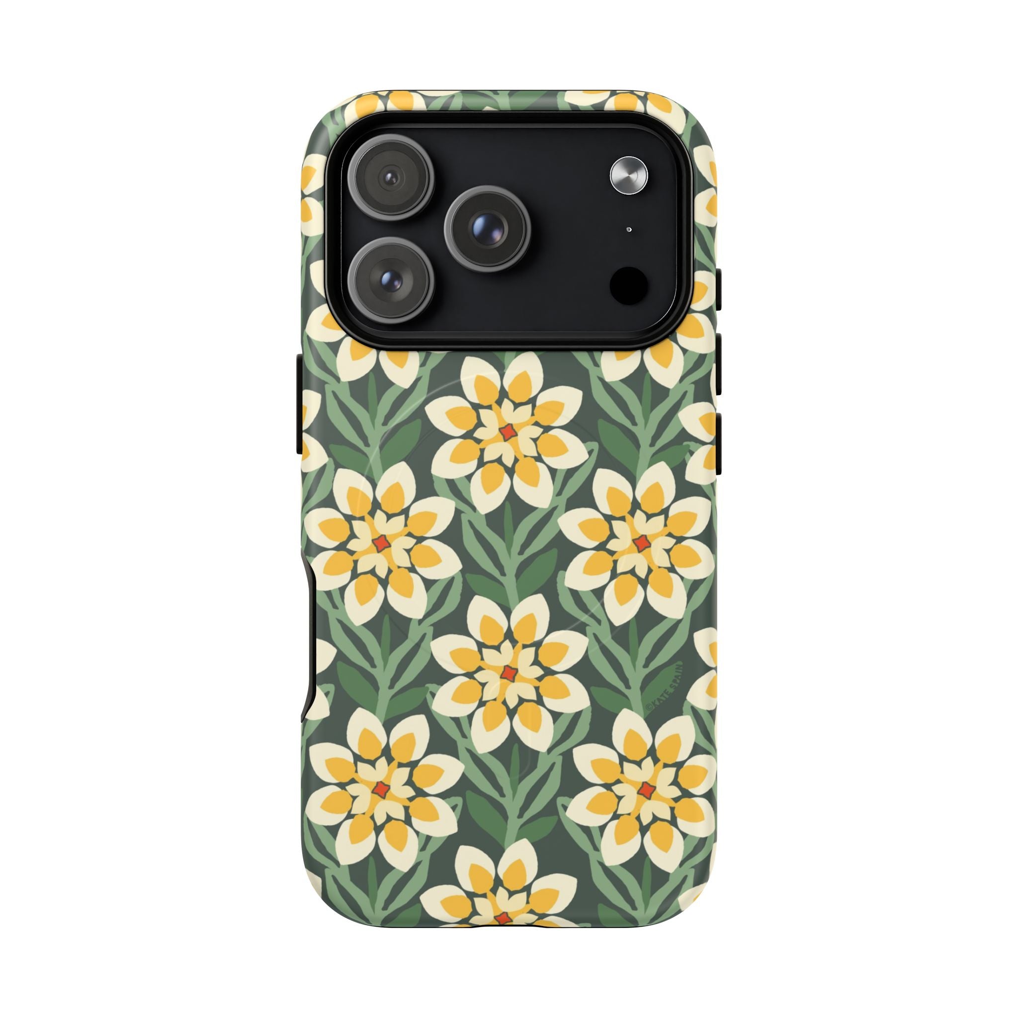 Designer Modern Dahlia MagSafe iPhone 16 Pro Case – Matte | yellow, cream, green dahlia floral print