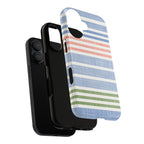 Cabana Stripe Pastel Tough iPhone 17 Case – Glossy dual-layered view of case and inner lining in front of phone, with view of camera cutout and buttons | soft blue, coral, sage green chambray-textured stripe print dual-layer protection