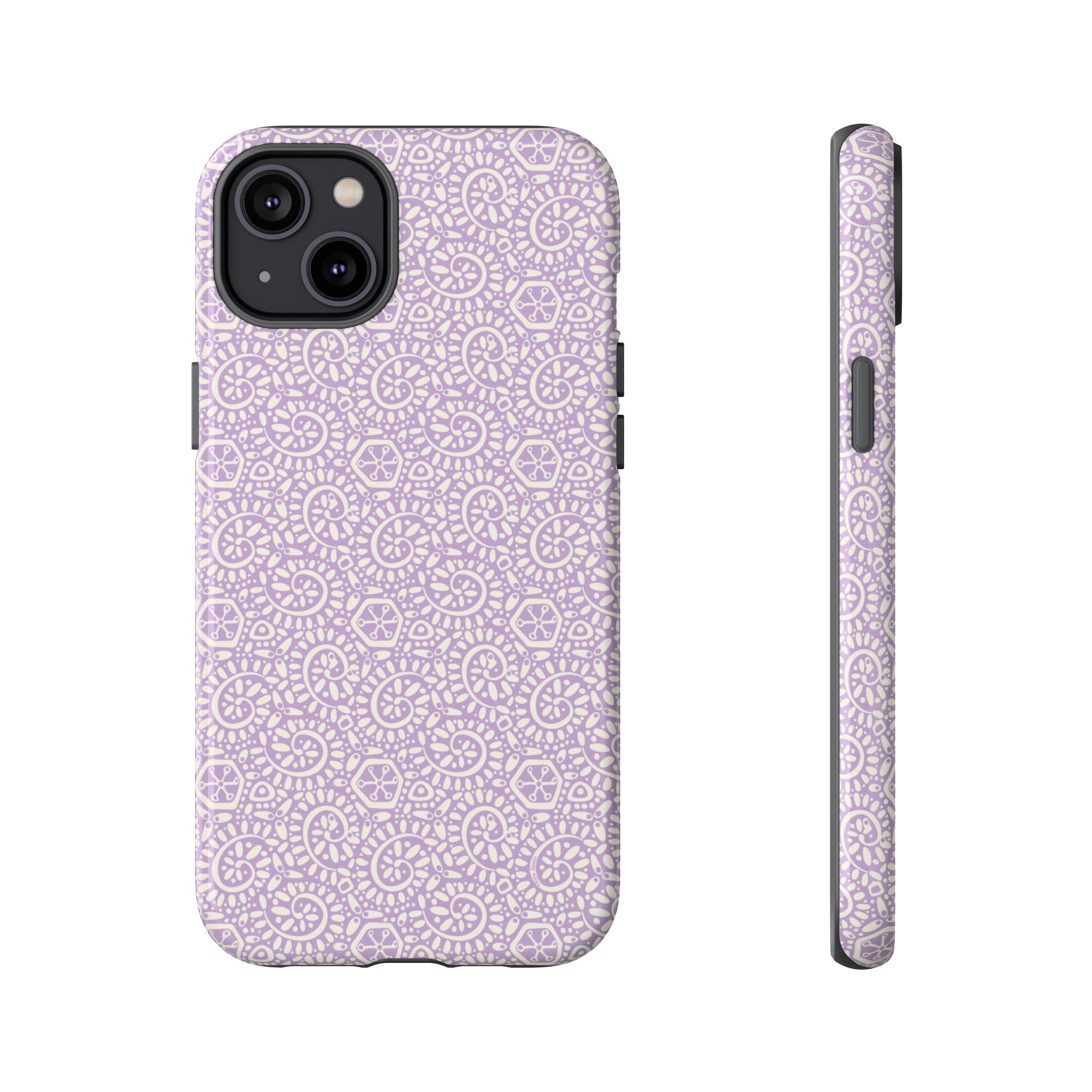 Canto Swirls Lavender iPhone 14 Plus Glossy Case — lavender hard case covered in an intricate folk-art medallion pattern of radiating circular motifs, dot clusters, and geometric centers