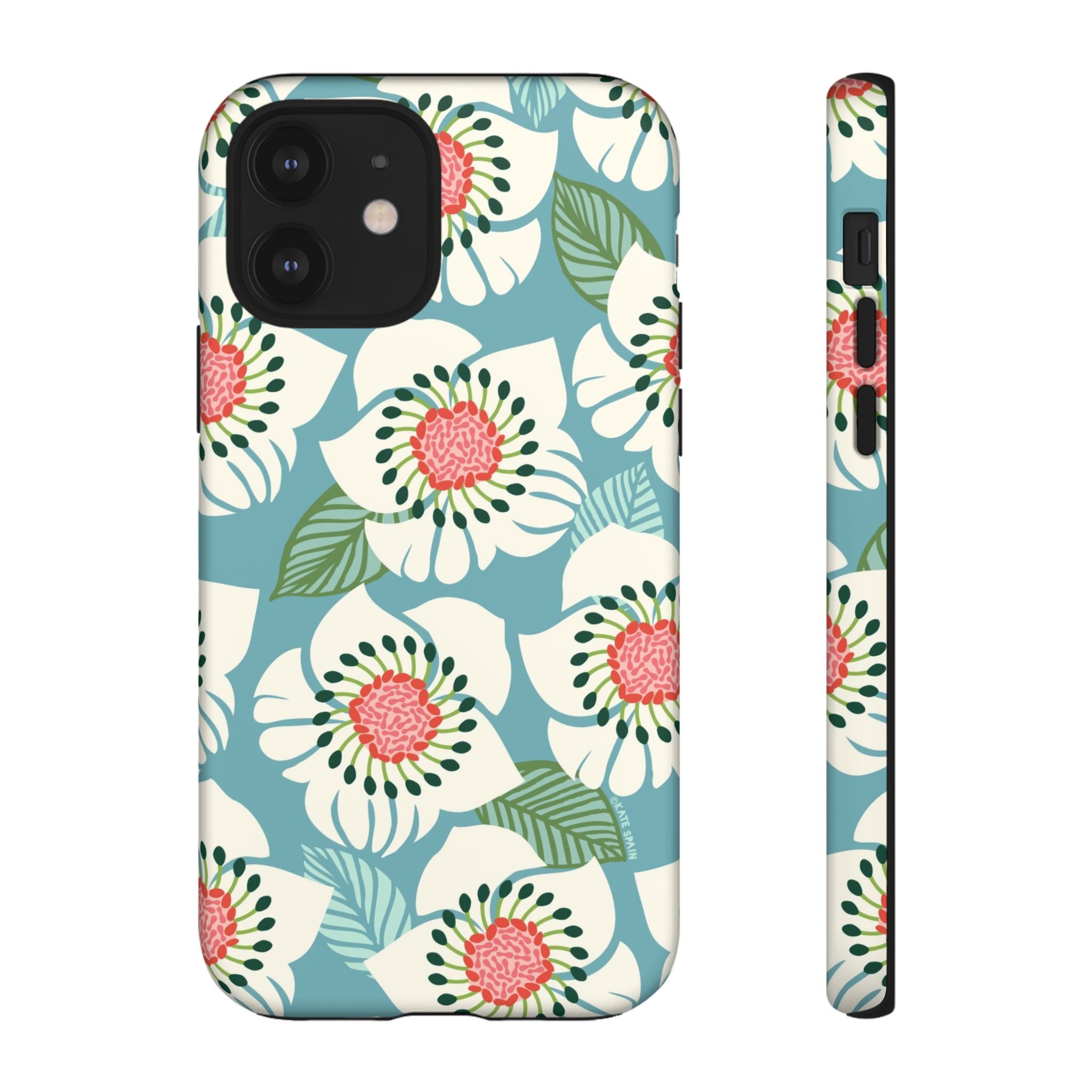 Panache Floral Tough iPhone 12 Case – Matte | sky blue, pale cream, pink anemone floral print