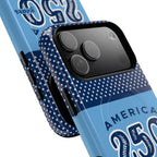 Sea to Shining Sea MagSafe iPhone 17 Pro Max Case – angled view close-up of buttons and camera in case in navy, sky blue, red, white American stars & stripes 250th anniversary print