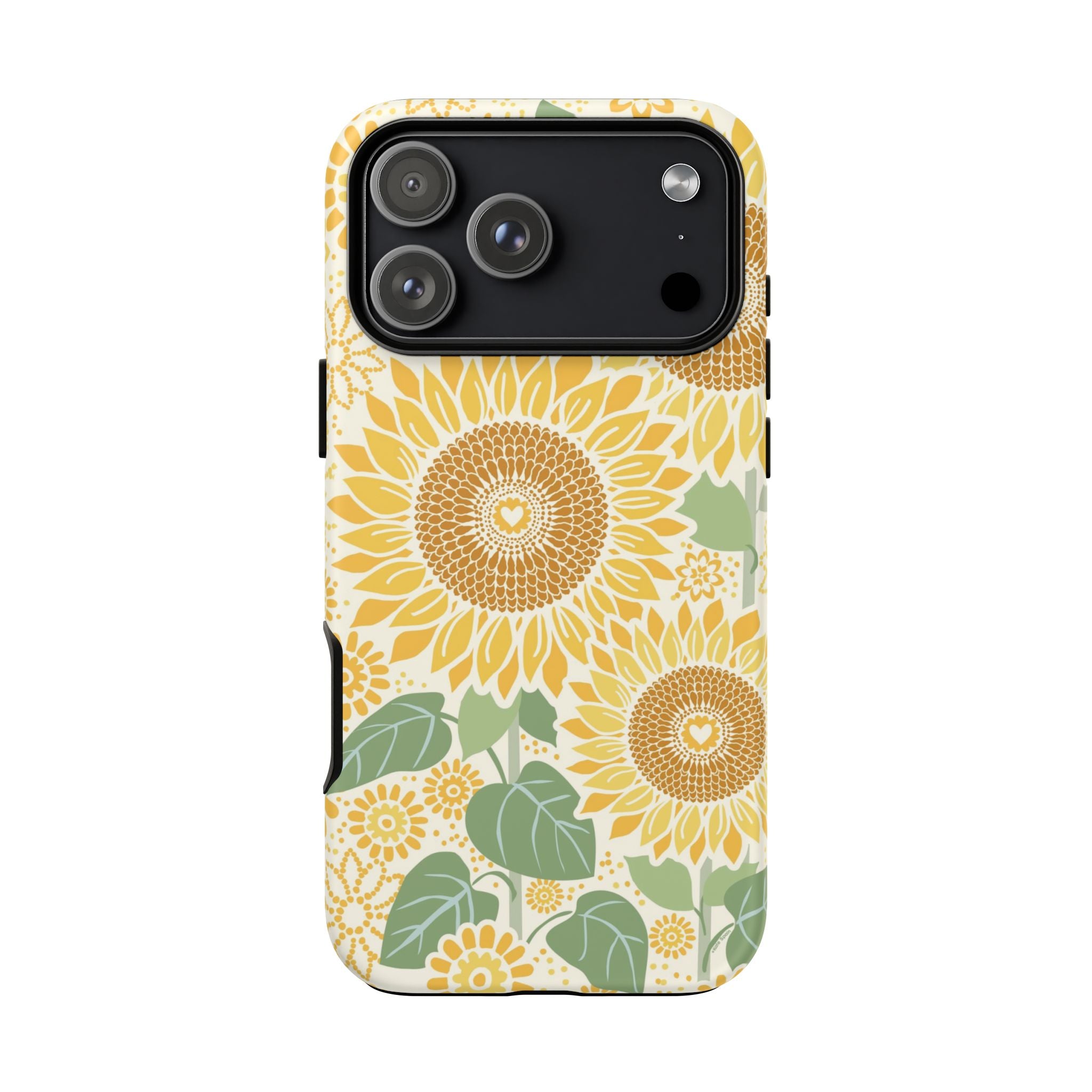 Sunny Sunflower iPhone 17 Pro Max case – Matte | cream ground, large-scale yellow sunflower print, golden seed detail with heart centers, dual-layer protection