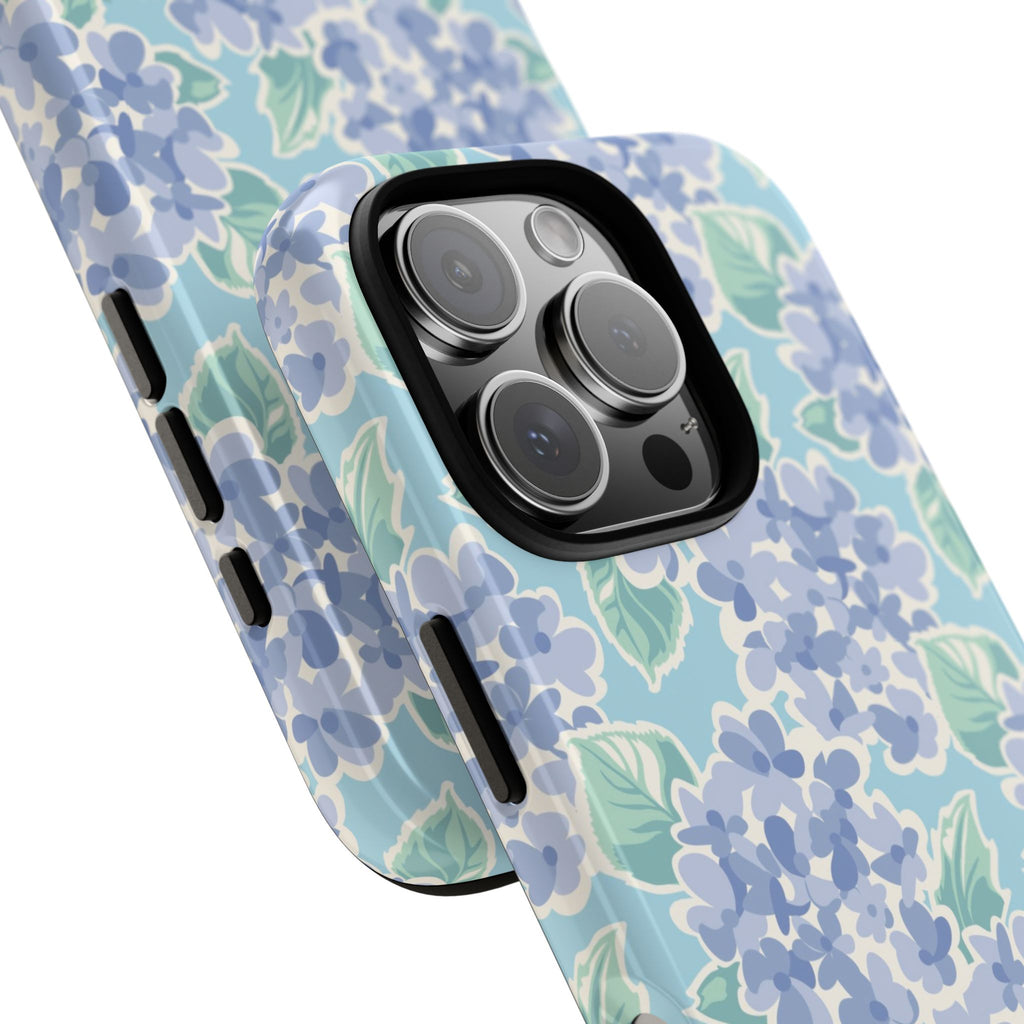 Nantucket Hydrangea Tough iPhone Case – angled view closeup of camera cutout and buttons | periwinkle, sky blue, mint hydrangea floral print