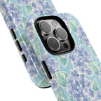 Nantucket Hydrangea Tough iPhone Case – angled view closeup of camera cutout and buttons | periwinkle, sky blue, mint hydrangea floral print