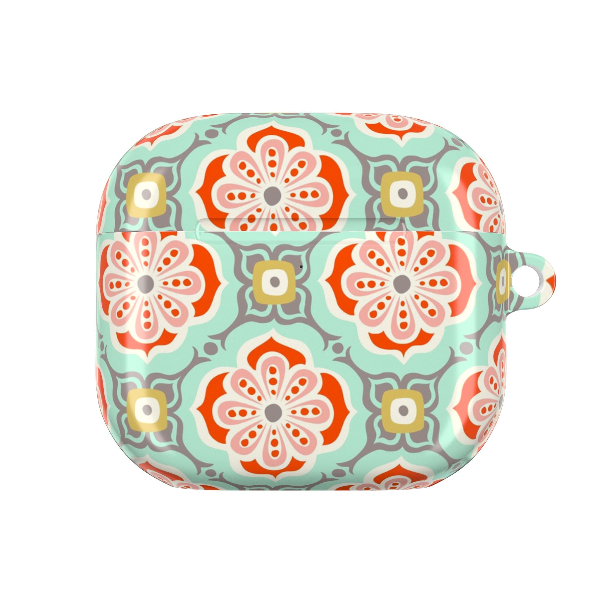 AirPods Gen 4 case – Glossy | terracotta red, coral, and gold geometric tile pattern on sage green ground — angled view