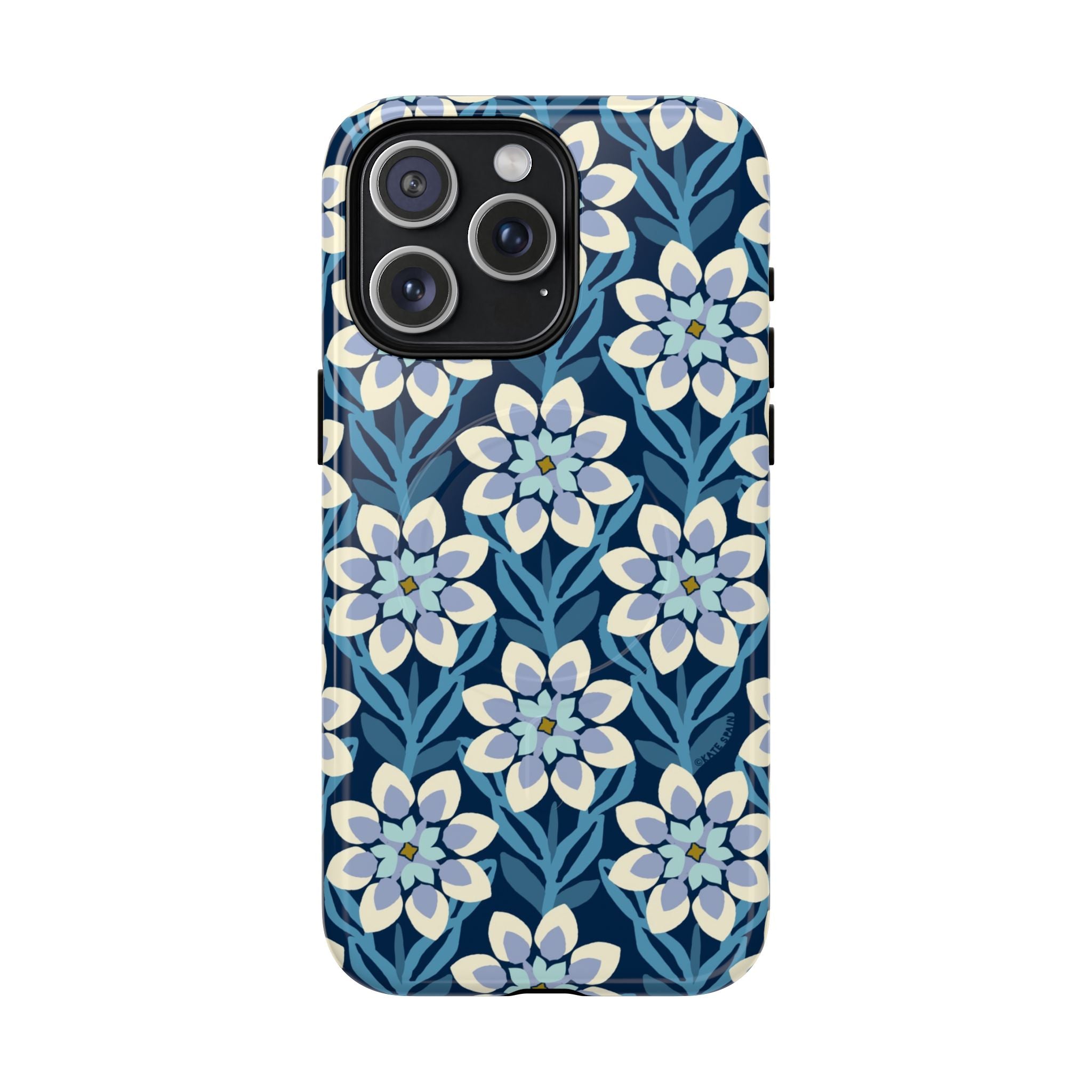 Luxury Modern Dahlia MagSafe iPhone 15 Pro Max Case – Glossy | navy, slate blue, white geometric dahlia tile floral print