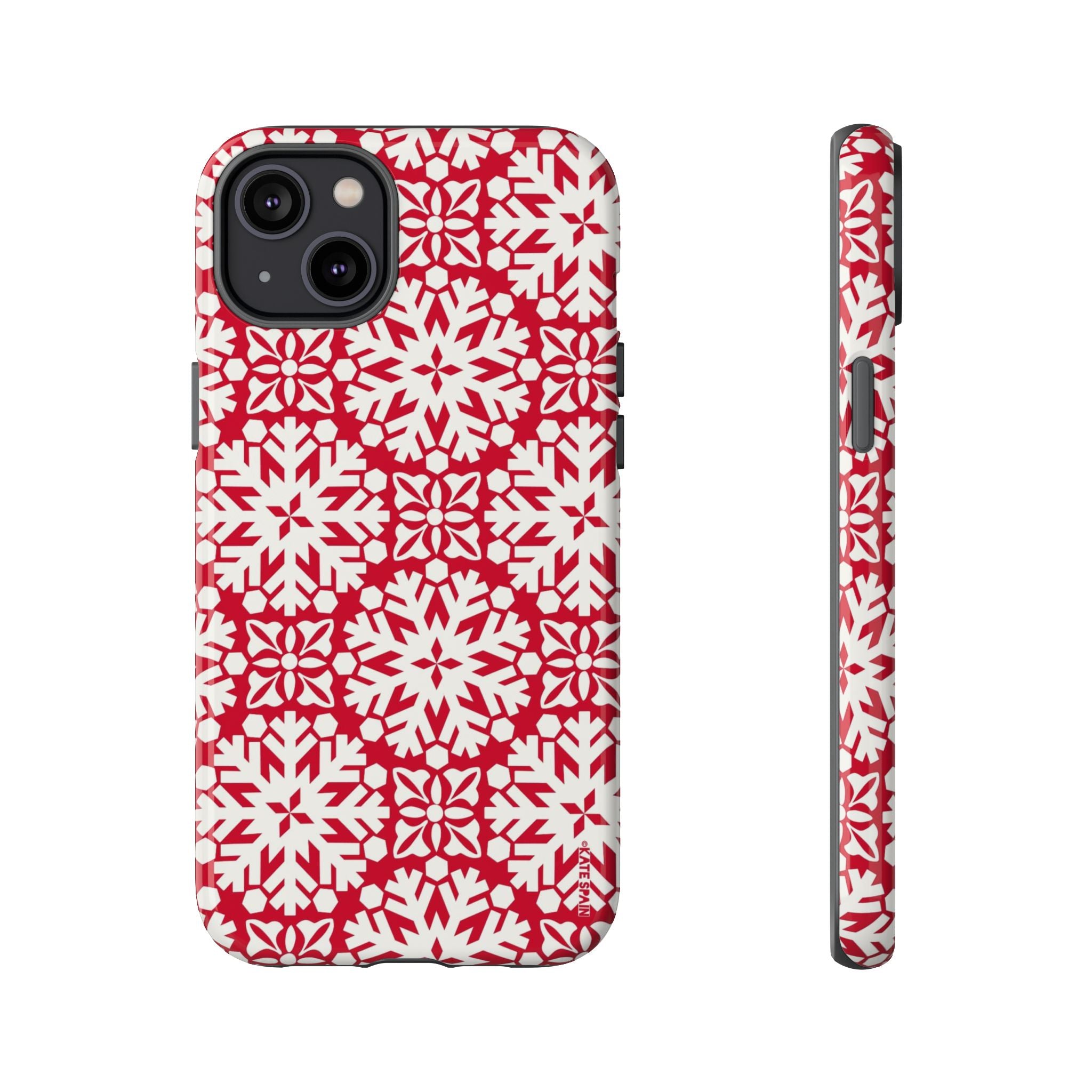 Flurry Tough iPhone 14 Plus Case – Glossy | red, cream geometric snowflake medallion print