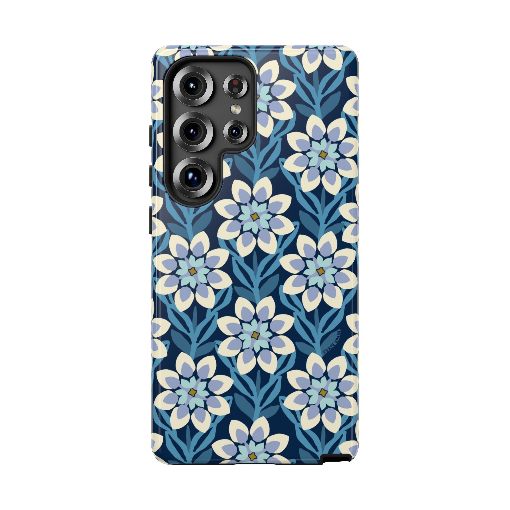 Luxury Modern Dahlia Samsung Galaxy S25 Ultra Case – Glossy | navy, white, periwinkle modern dahlia print