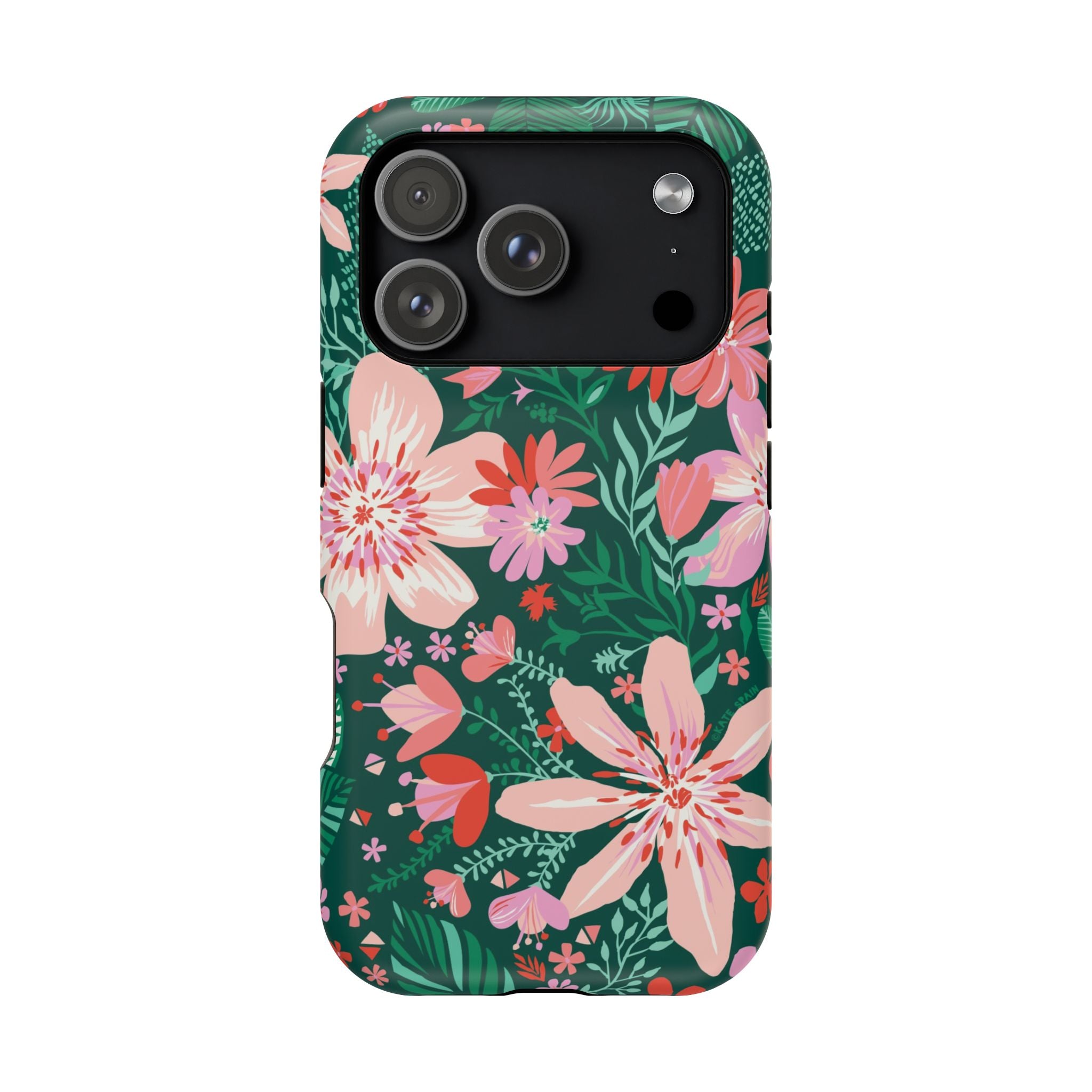 Bonaire MagSafe iPhone 17 Pro Case – Matte | forest green, blush, coral tropical floral print