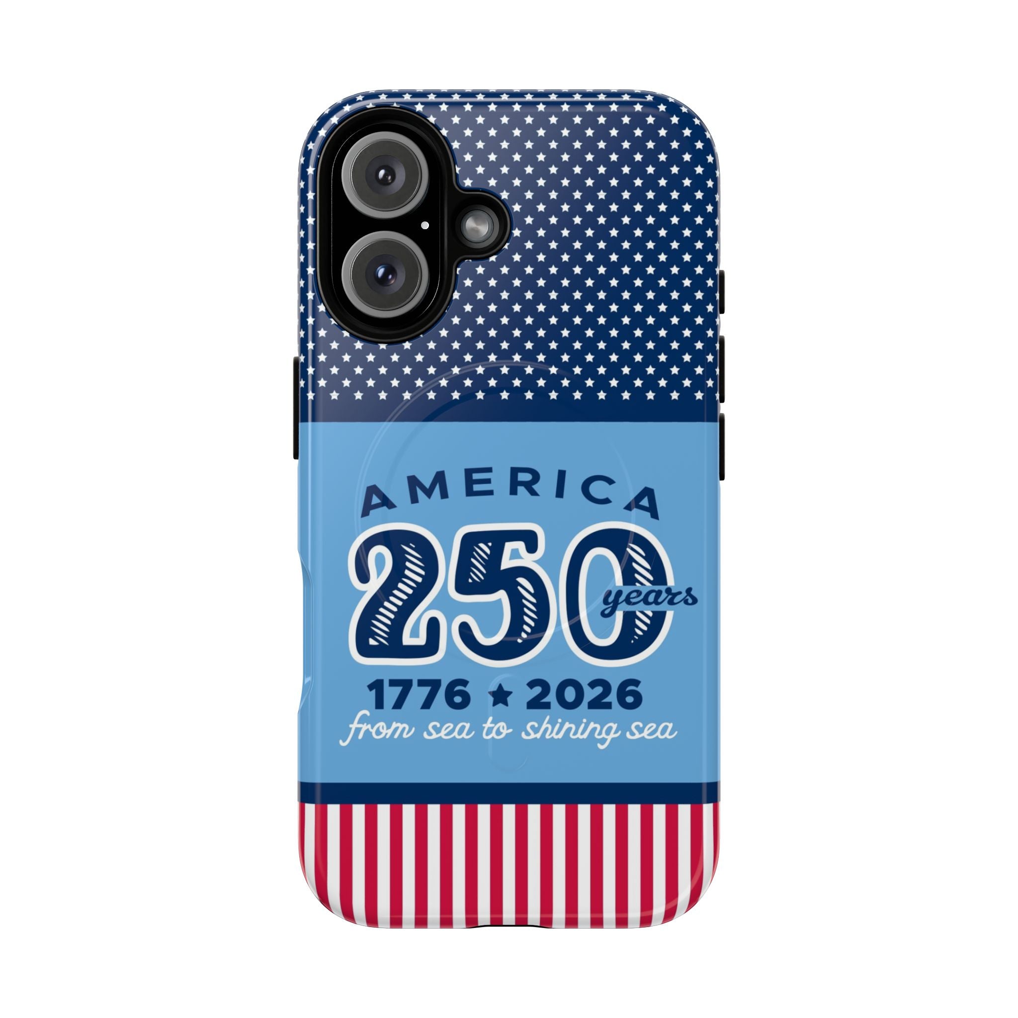 Sea to Shining Sea MagSafe iPhone 16 Case – Glossy | navy, sky blue, red, white American stars & stripes 250th anniversary print