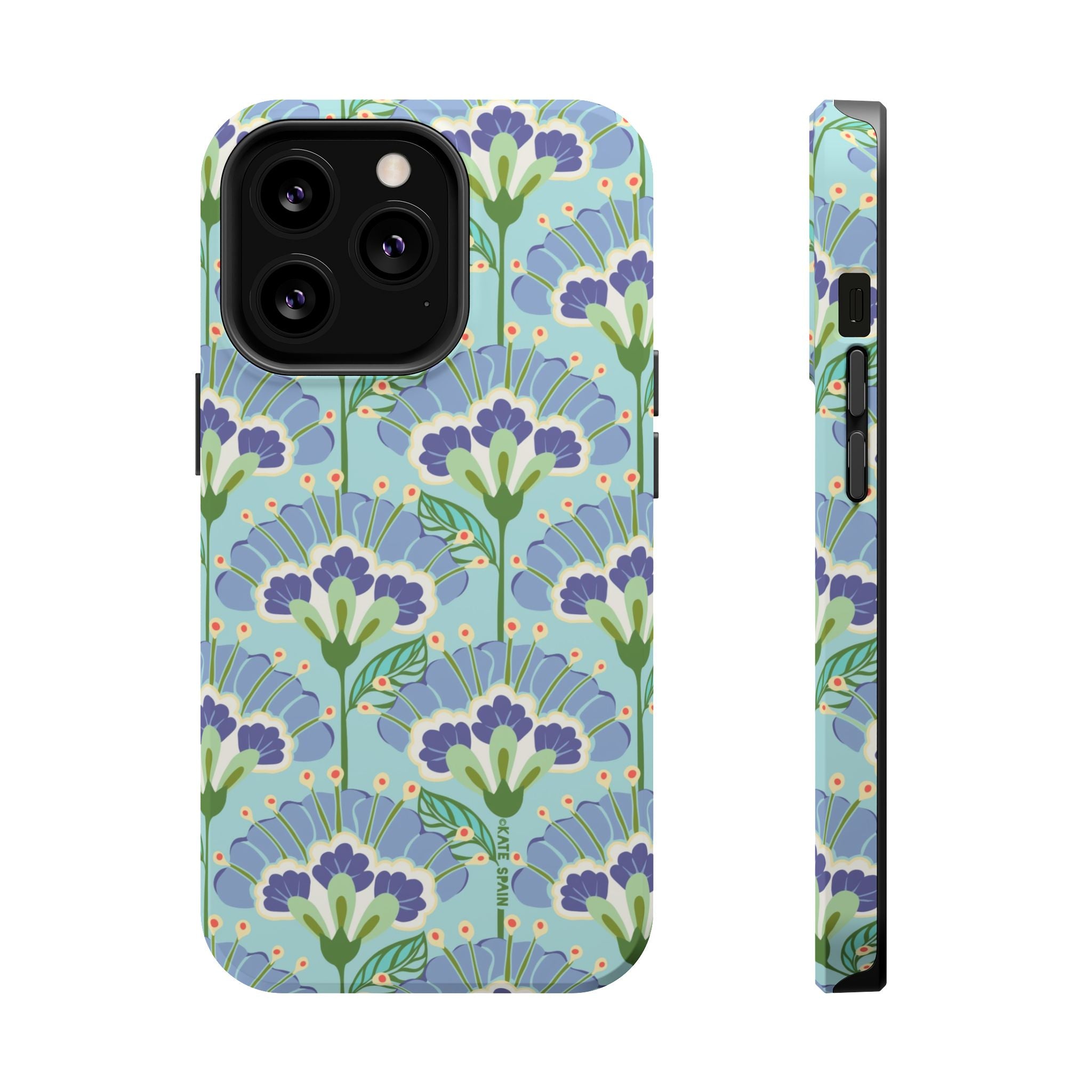 Lantern Flower MagSafe iPhone 13 Pro Max Case – Glossy | aqua, periwinkle, green botanical lantern floral print MagSafe compatible, dual-layer protection