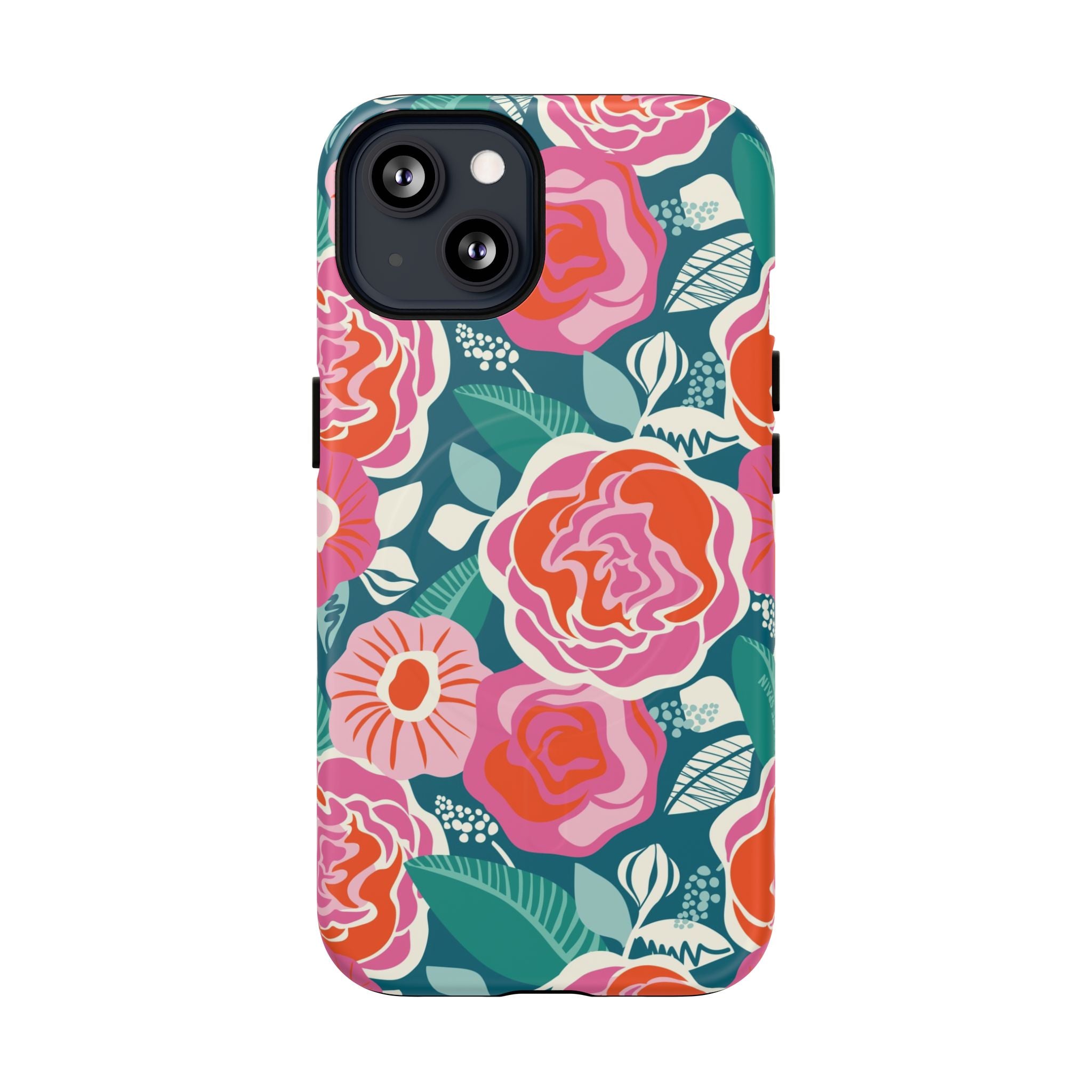 Luxury Tea Rose Luxury Tea Rose Teal MagSafe iPhone 13 Case – Matte | teal, coral, pink botanical rose floral print