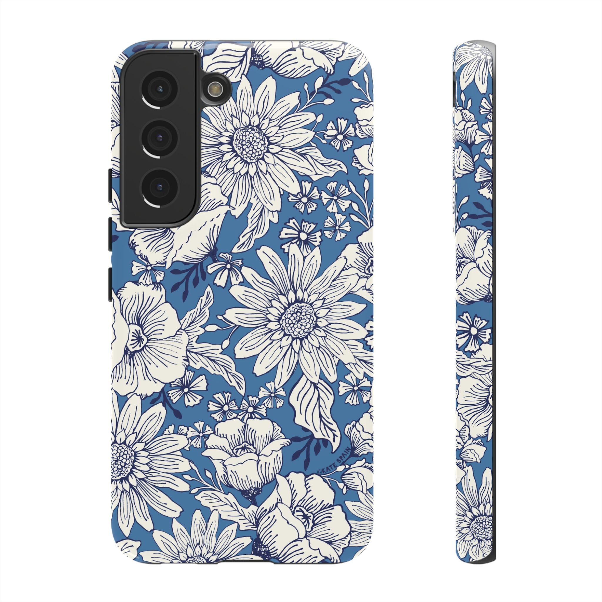 Luxury Jardin Samsung Galaxy S22 Case – Glossy | steel blue, white botanical daisy floral print
