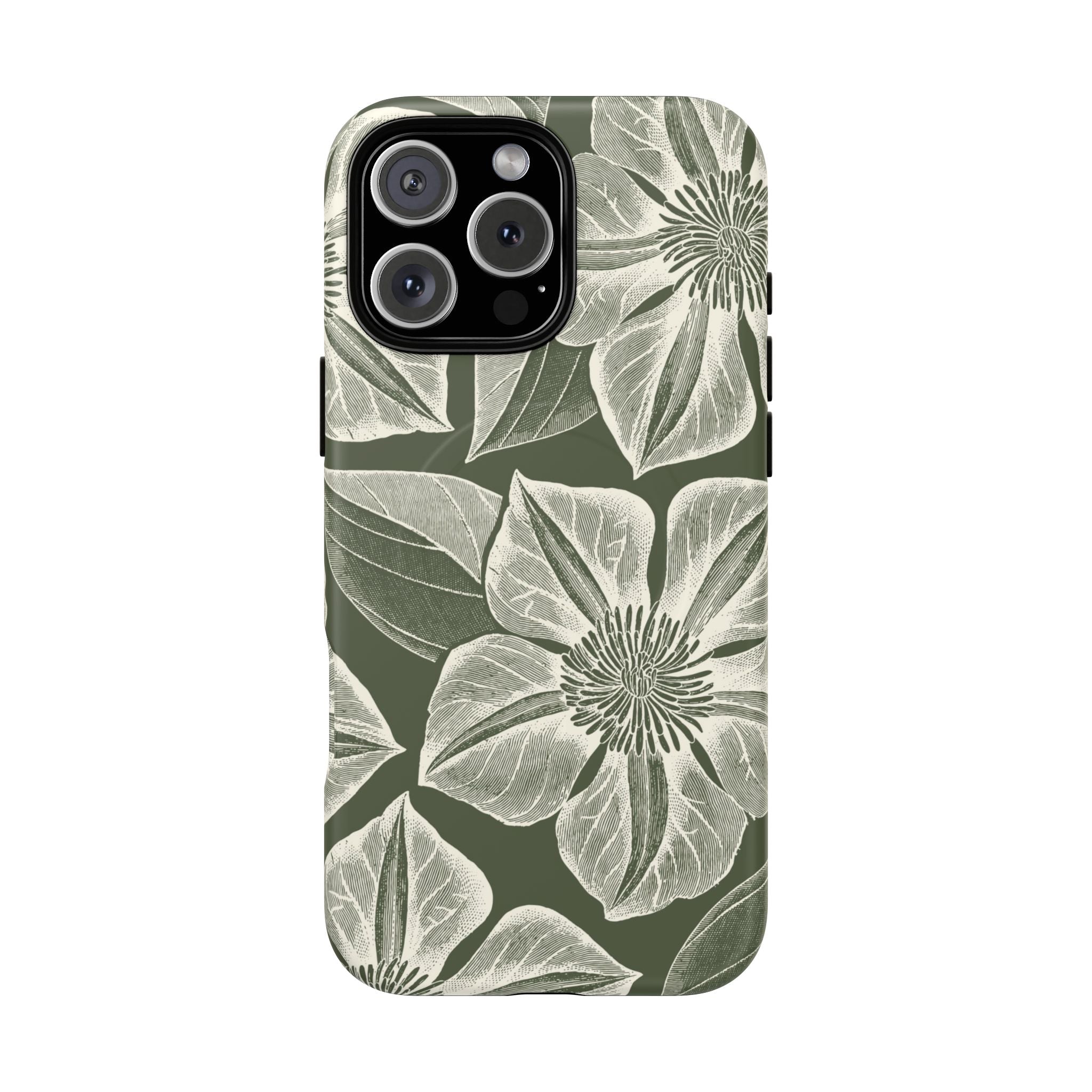 Vintage Bloom Cypress MagSafe iPhone 16 Pro Max – Matte | cypress green ground, large-scale white clematis print, engraved petal detail, dual-layer protection