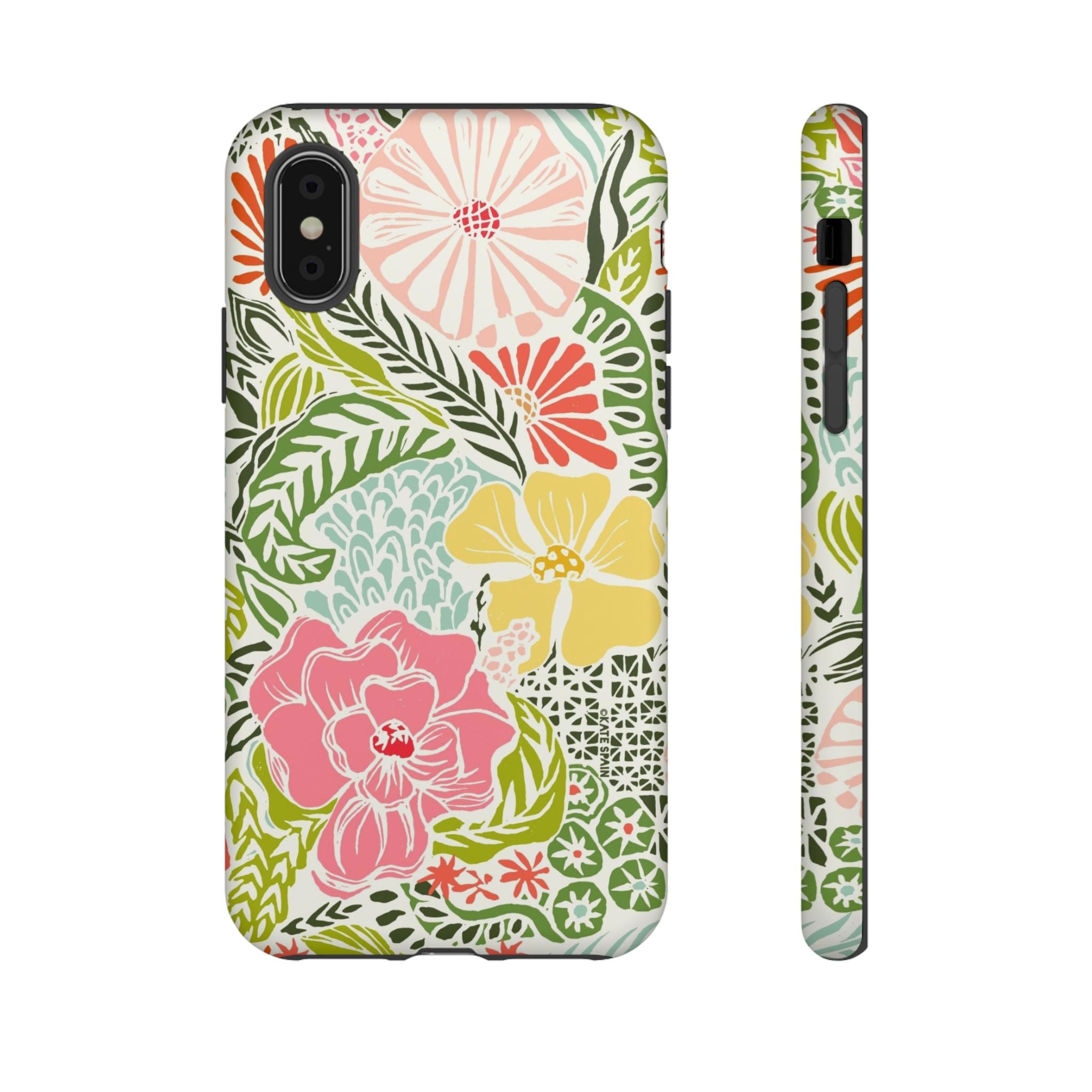 Tropica Tough iPhone X Case – Matte | cream, pink, yellow, blue botanical floral print