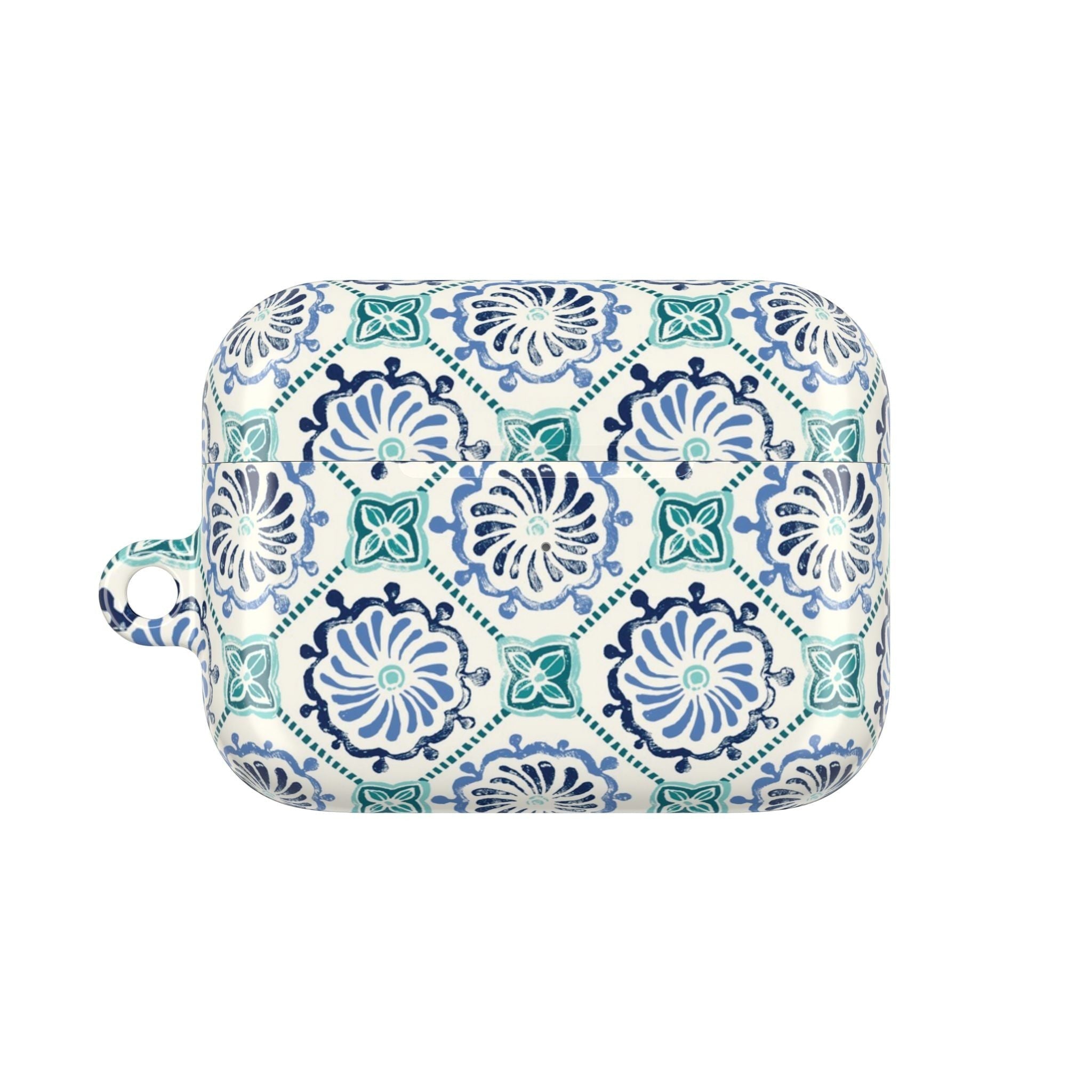 floriori Horizon Blue Tile AirPods case with a navy and teal Moroccan-inspired floral medallion print on white.