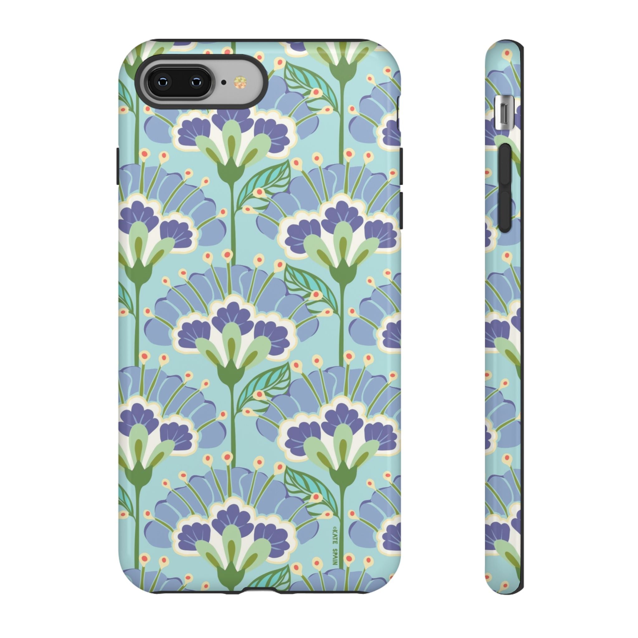 Lantern Flower Tough iPhone 8 Plus Case – Glossy | aqua, periwinkle, green botanical lantern floral print
