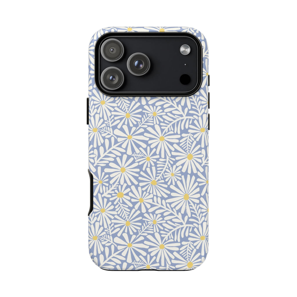 Montauk Daisy Cottage Blue iPhone 17 Pro Case – Matte | periwinkle blue, white graphic daisy and fern print, golden yellow centers | dual-layer protection