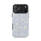 Montauk Daisy Cottage Blue iPhone 17 Pro Case – Matte | periwinkle blue, white graphic daisy and fern print, golden yellow centers | dual-layer protection