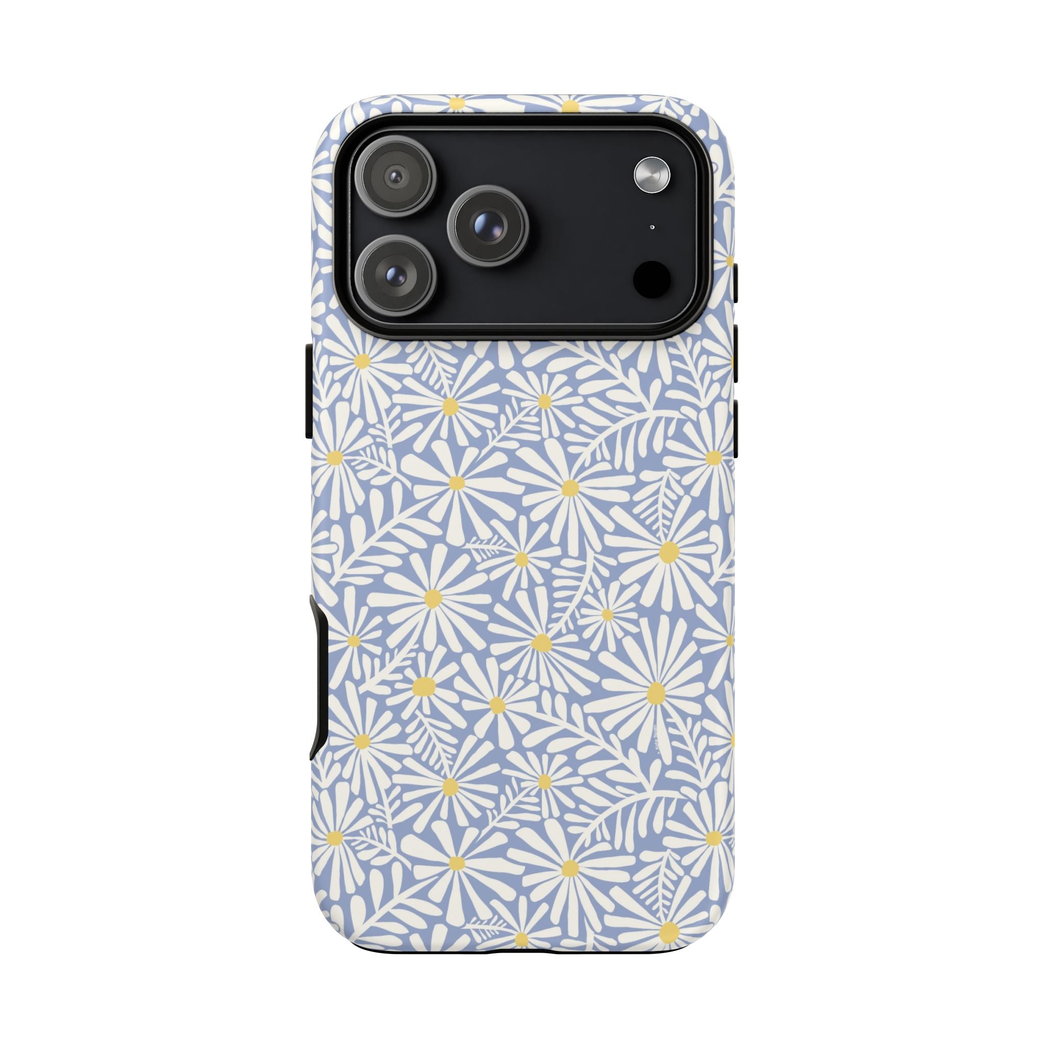 Montauk Daisy Cottage Blue iPhone 17 Pro Case – Matte | periwinkle blue, white graphic daisy and fern print, golden yellow centers | dual-layer protection