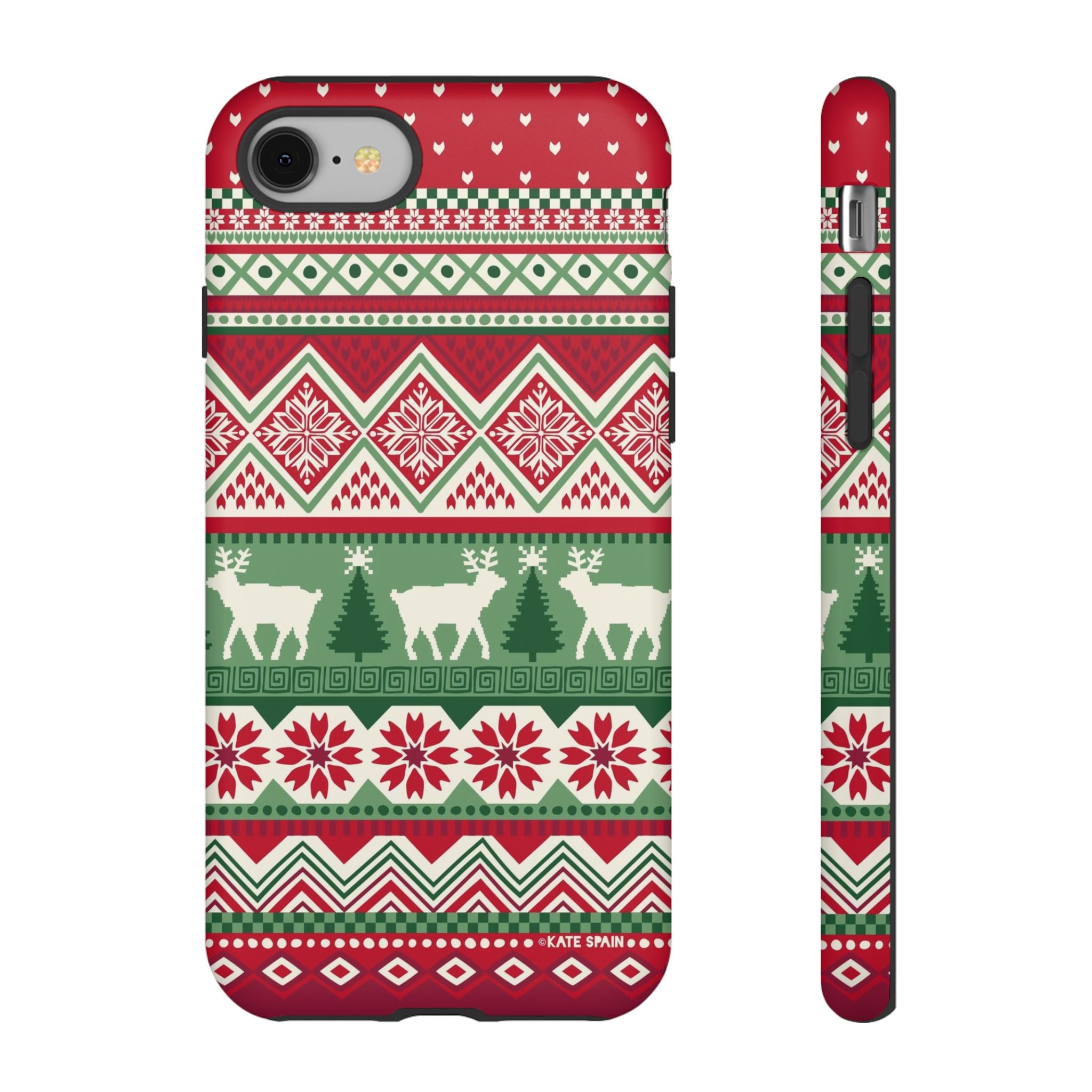 Telemark Tough iPhone 8 Case – Matte | red, green, cream fair isle reindeer Nordic print