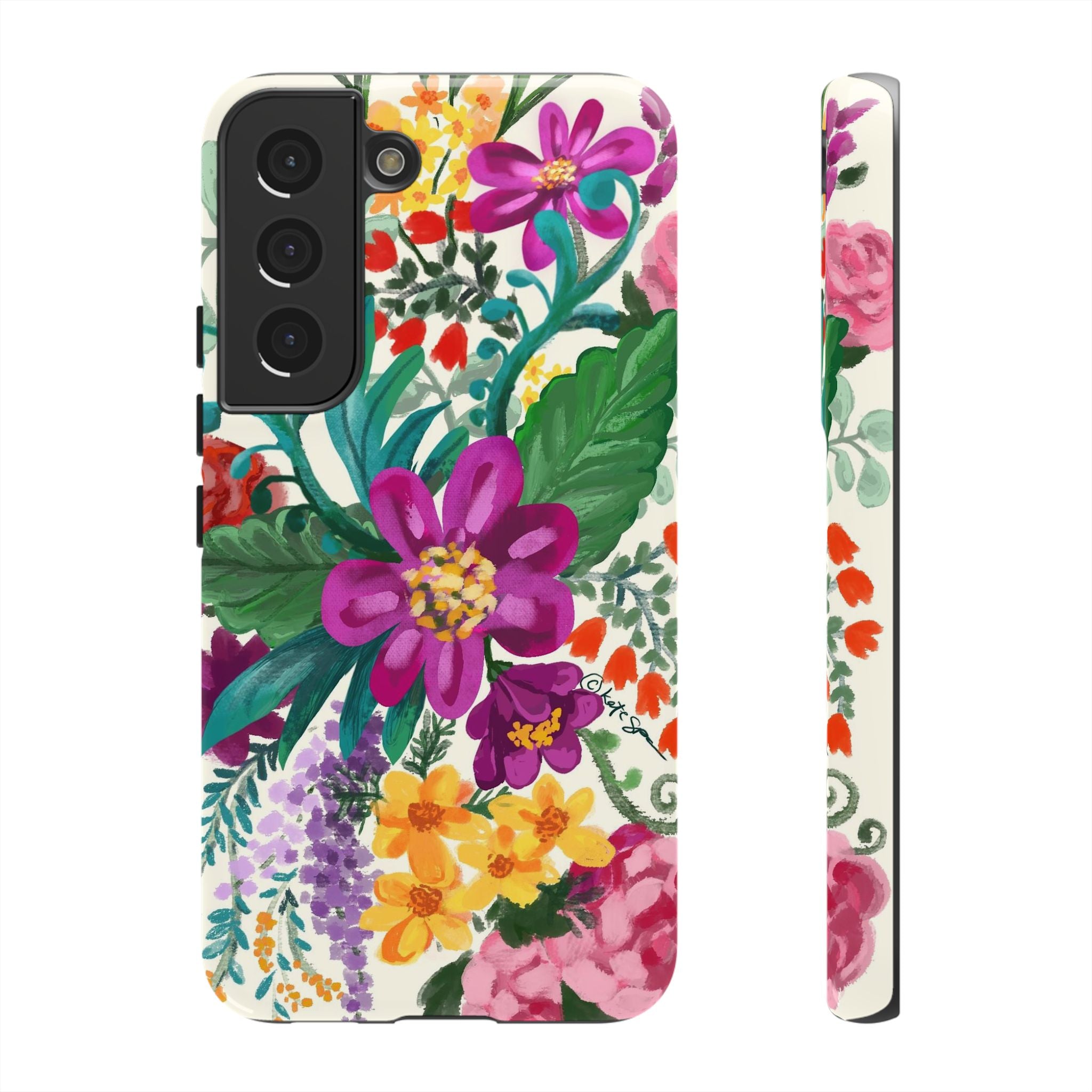 Tropical Posy Samsung Galaxy S22 Case – Glossy | white, magenta, yellow, purple vibrant botanical floral print