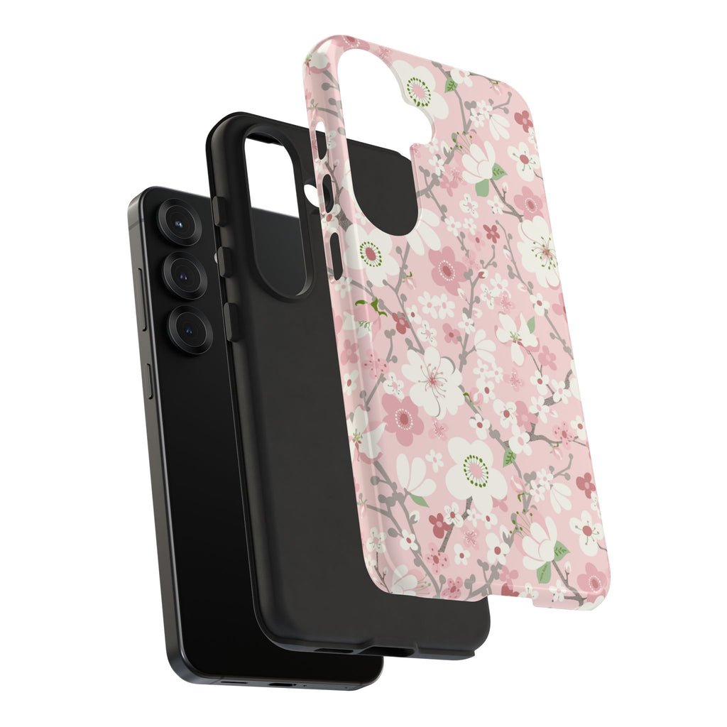  Luxury Pink Cherry Blossom Samsung Galaxy S26 Plus Case – Glossy | Detail of layered structure in pink, white, cherry blossom floral print