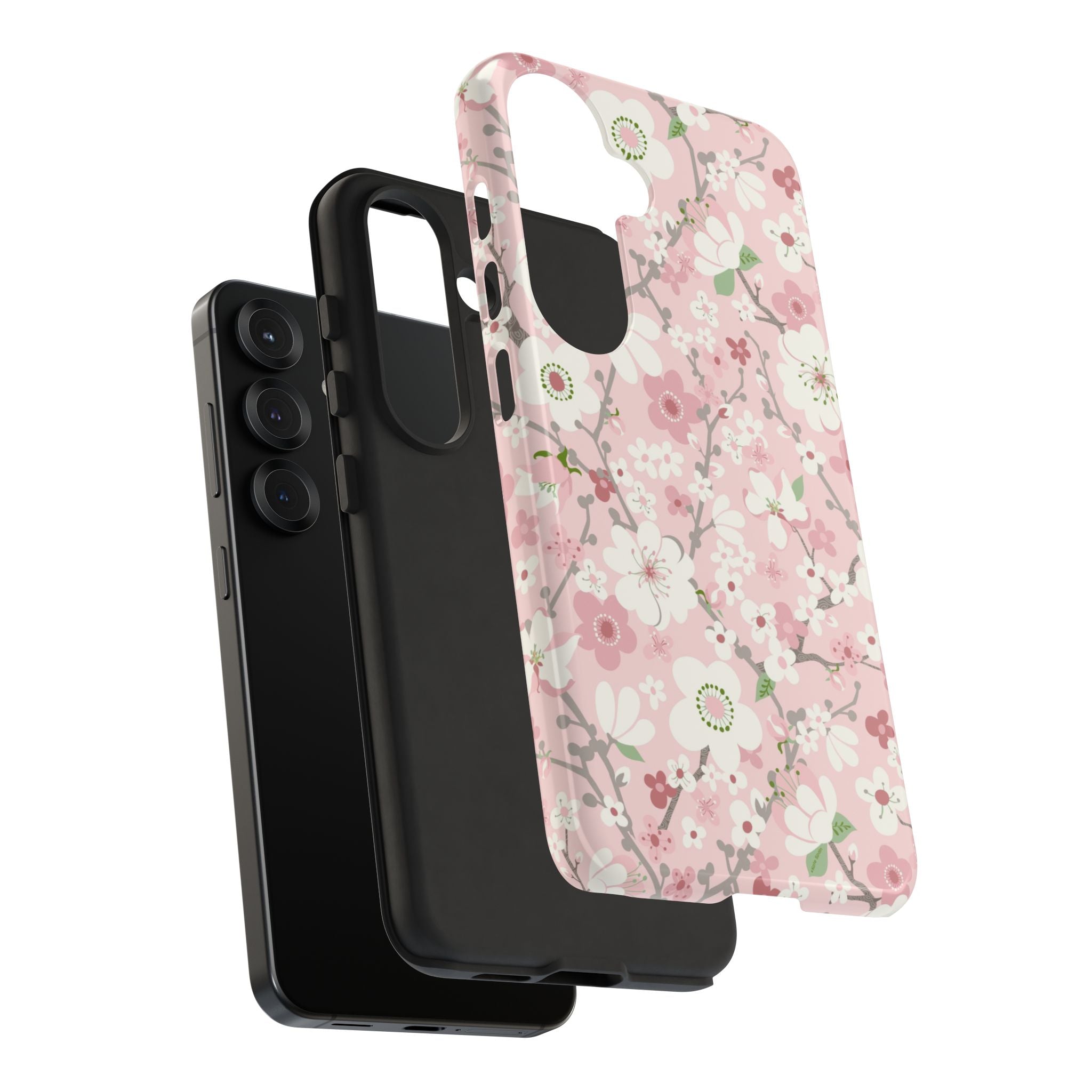  Luxury Pink Cherry Blossom Samsung Galaxy S26 Plus Case – Glossy | Detail of layered structure in pink, white, cherry blossom floral print