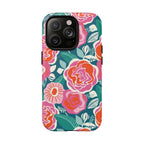 Luxury Tea Rose Teal MagSafe iPhone 14 Pro Case – Matte | teal, coral, pink botanical rose floral print