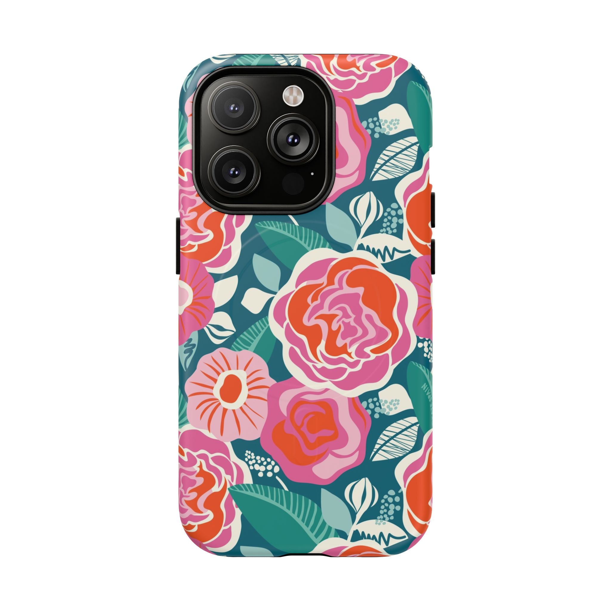 Luxury Tea Rose Teal MagSafe iPhone 14 Pro Case – Matte | teal, coral, pink botanical rose floral print
