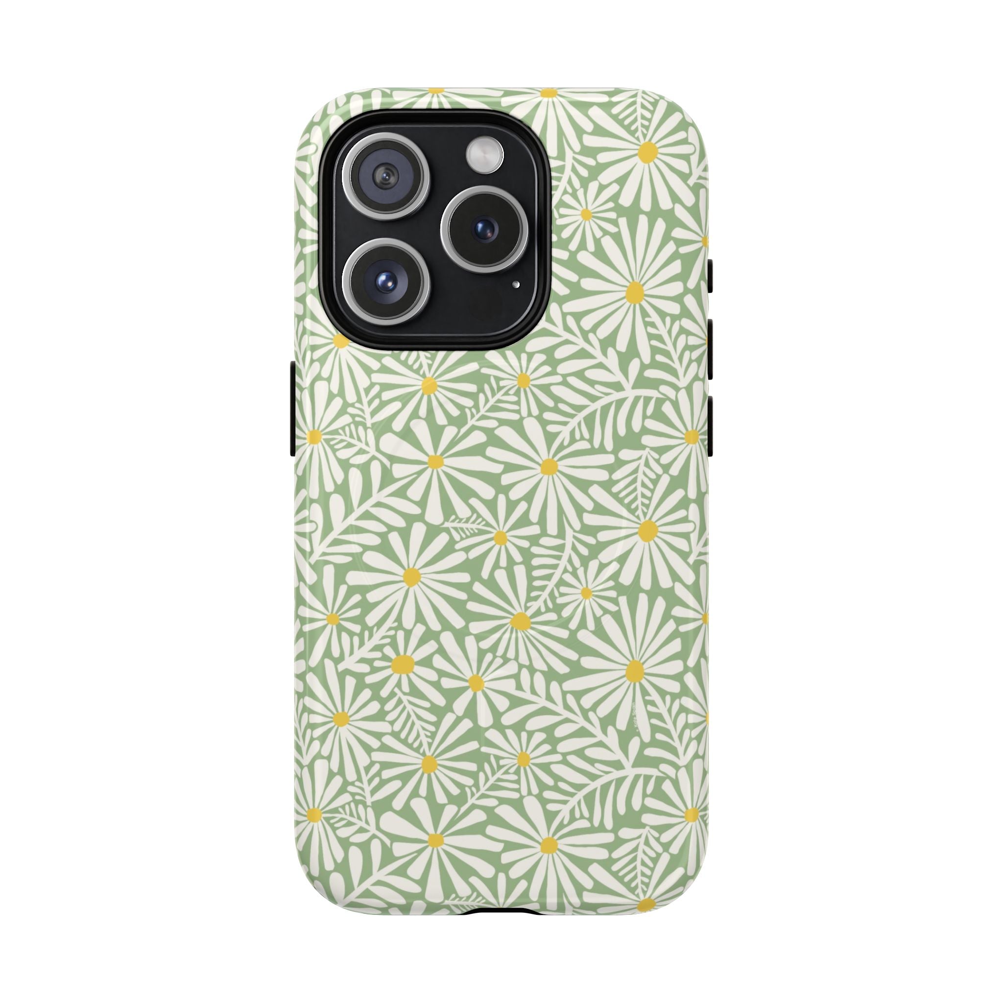 Montauk Daisy Meadow Green MagSafe iPhone 15 Pro Case – Glossy | sage green, white graphic daisy and fern print, golden yellow centers MagSafe compatible, dual-layer protection