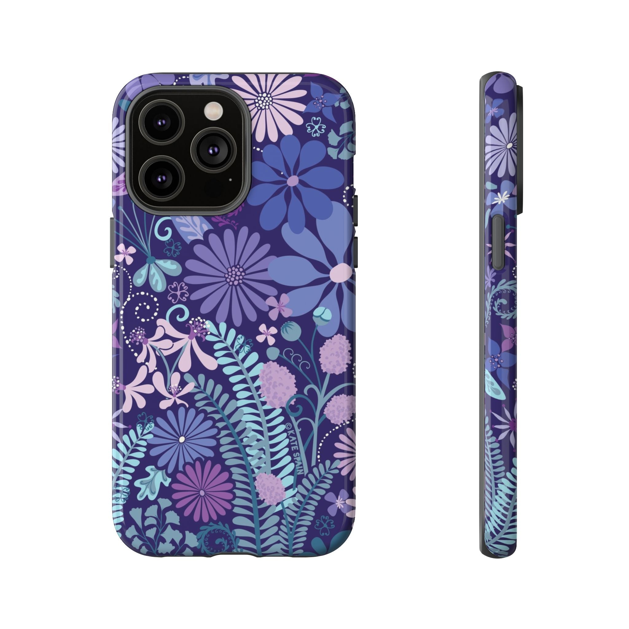 Luxury Terrain Tough iPhone 14 Pro Max Case – Glossy | navy, purple, aqua botanical woodland floral print