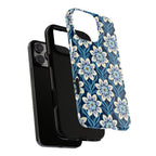 Designer Modern Dahlia Tough iPhone 16 Pro Case – detail view of layered construction | navy, cobalt, white dahlia floral print