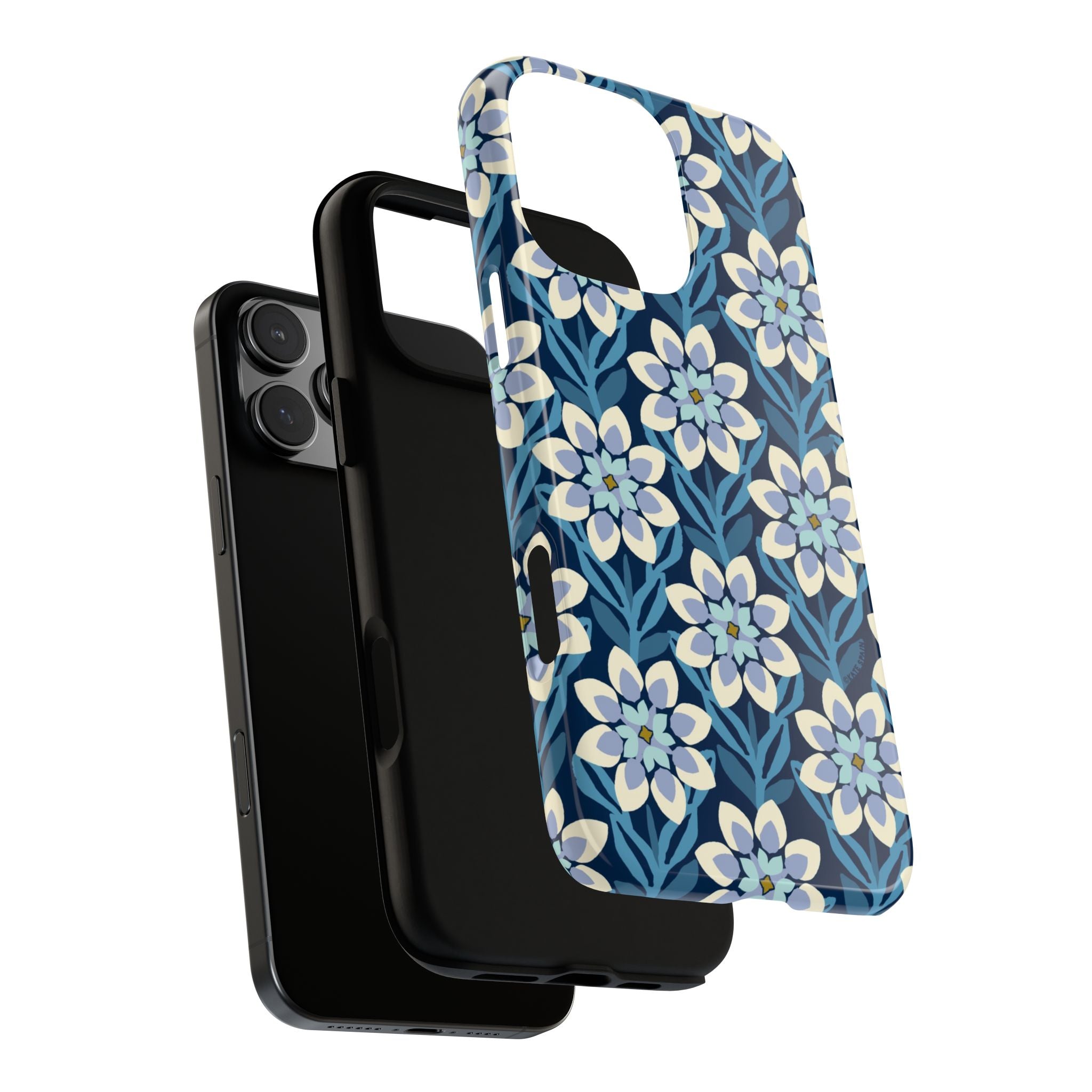 Designer Modern Dahlia Tough iPhone 16 Pro Case – detail view of layered construction | navy, cobalt, white dahlia floral print