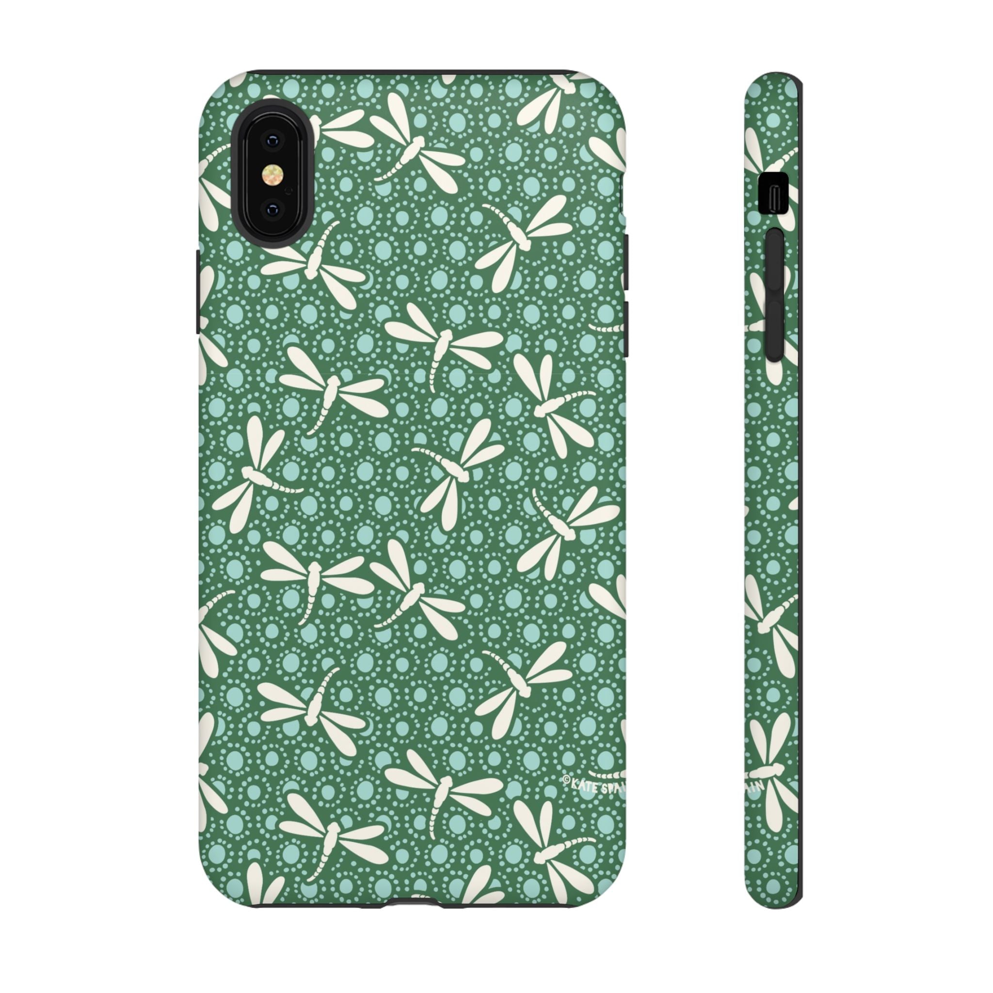 Designer Dragonfly Tough iPhone XS MAX Case – Matte | jade green, aqua, cream dragonfly print