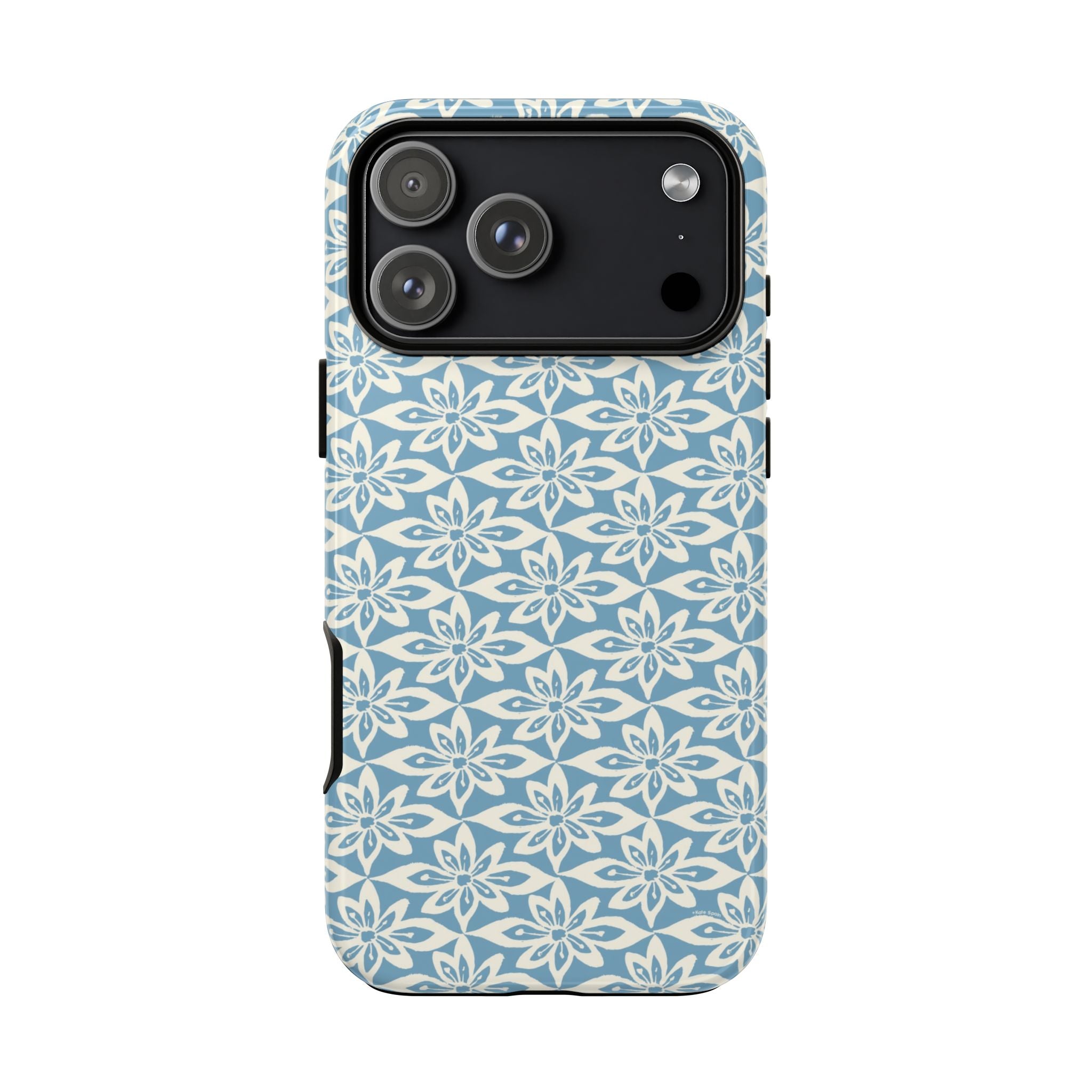 Lily Blue iPhone 17 Pro Case – Glossy | graphic white lily print on soft cerulean — botanical phone case by Kate Spain