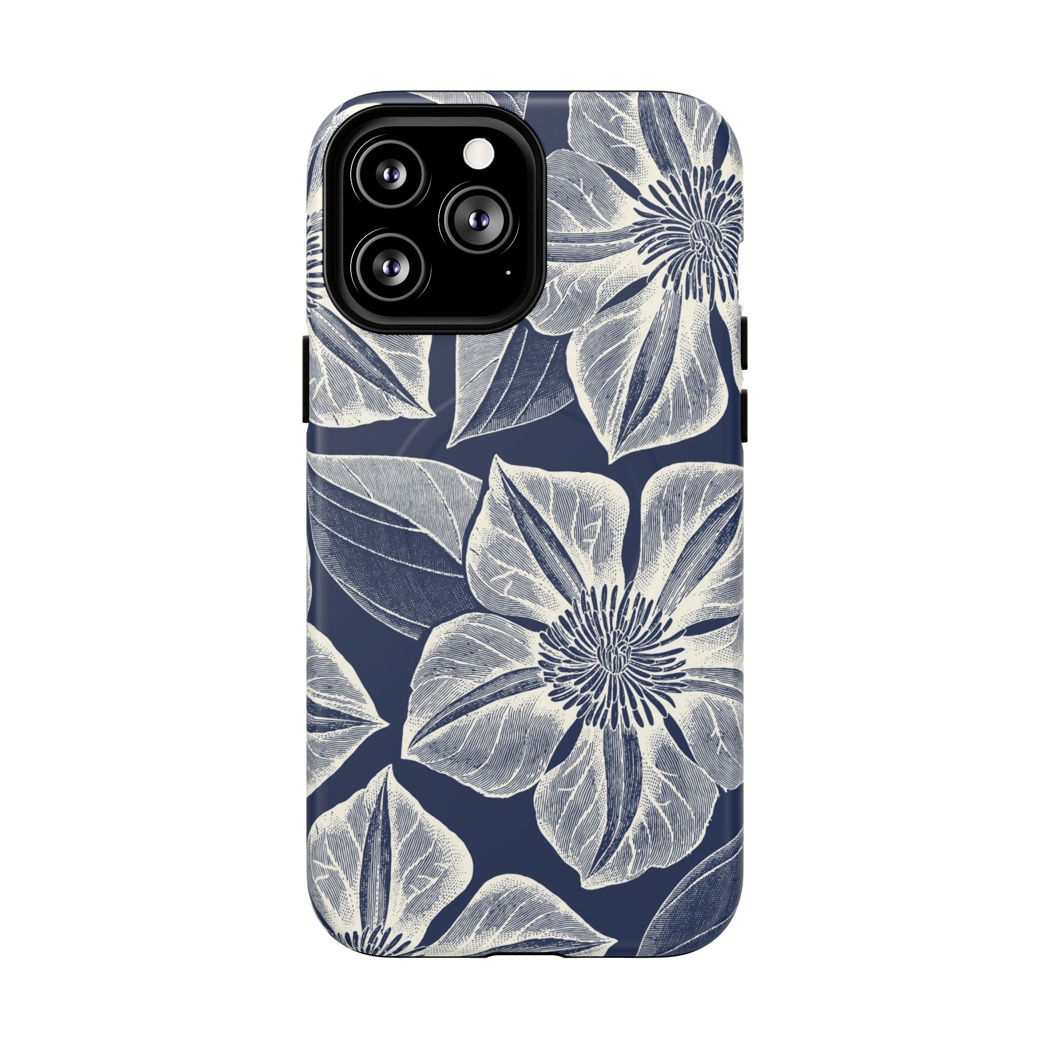 Vintage Bloom Navy MagSafe iPhone 13 Pro Max Case – Matte | navy ground, large-scale white clematis print, engraved petal detail, dual-layer protection