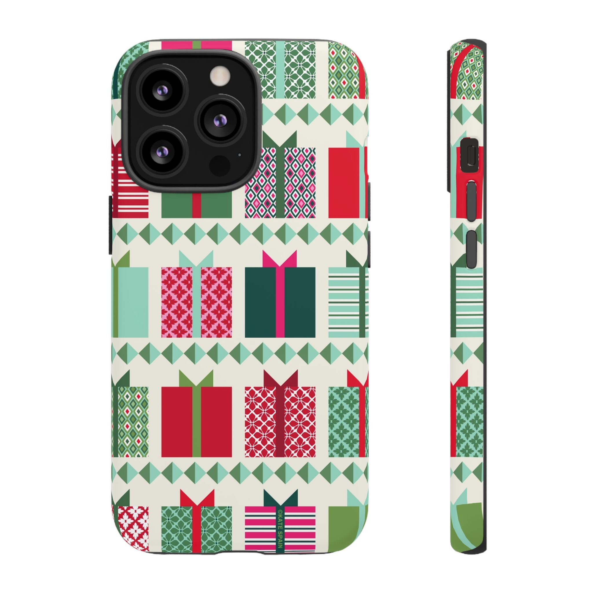 All Wrapped Up Tough iPhone 13 Pro Case – Matte | cream, red, pink, green, mint geometric gift wrap holiday print