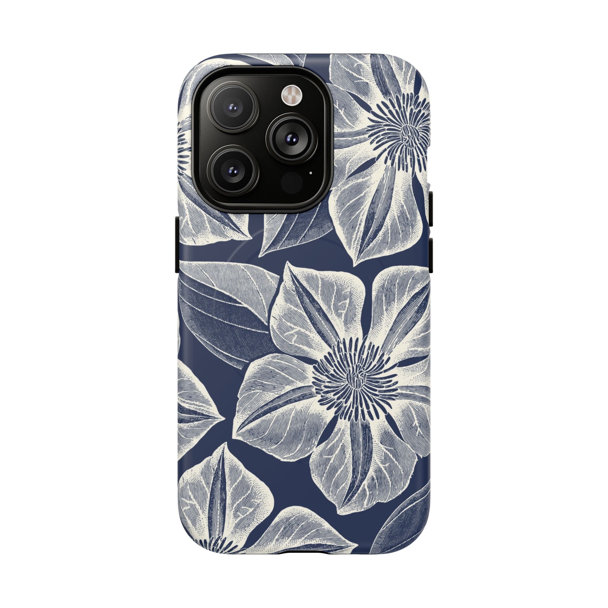 Vintage Bloom Navy MagSafe iPhone 14 Pro Case – Matte | navy ground, large-scale white clematis print, engraved petal detail, dual-layer protection