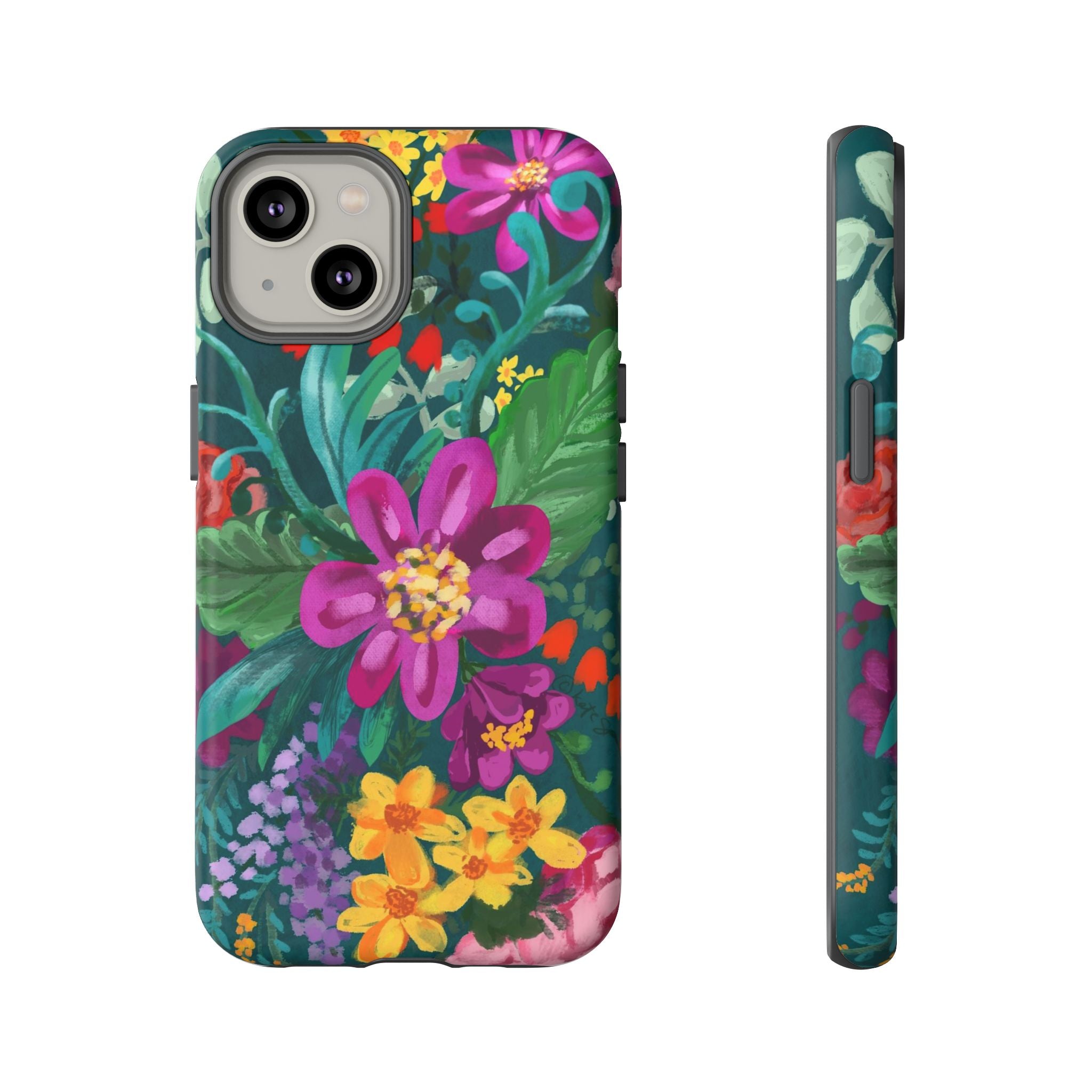 Posy Tough iPhone 14 Case – Matte | teal, purple, magenta, yellow botanical wildflower print