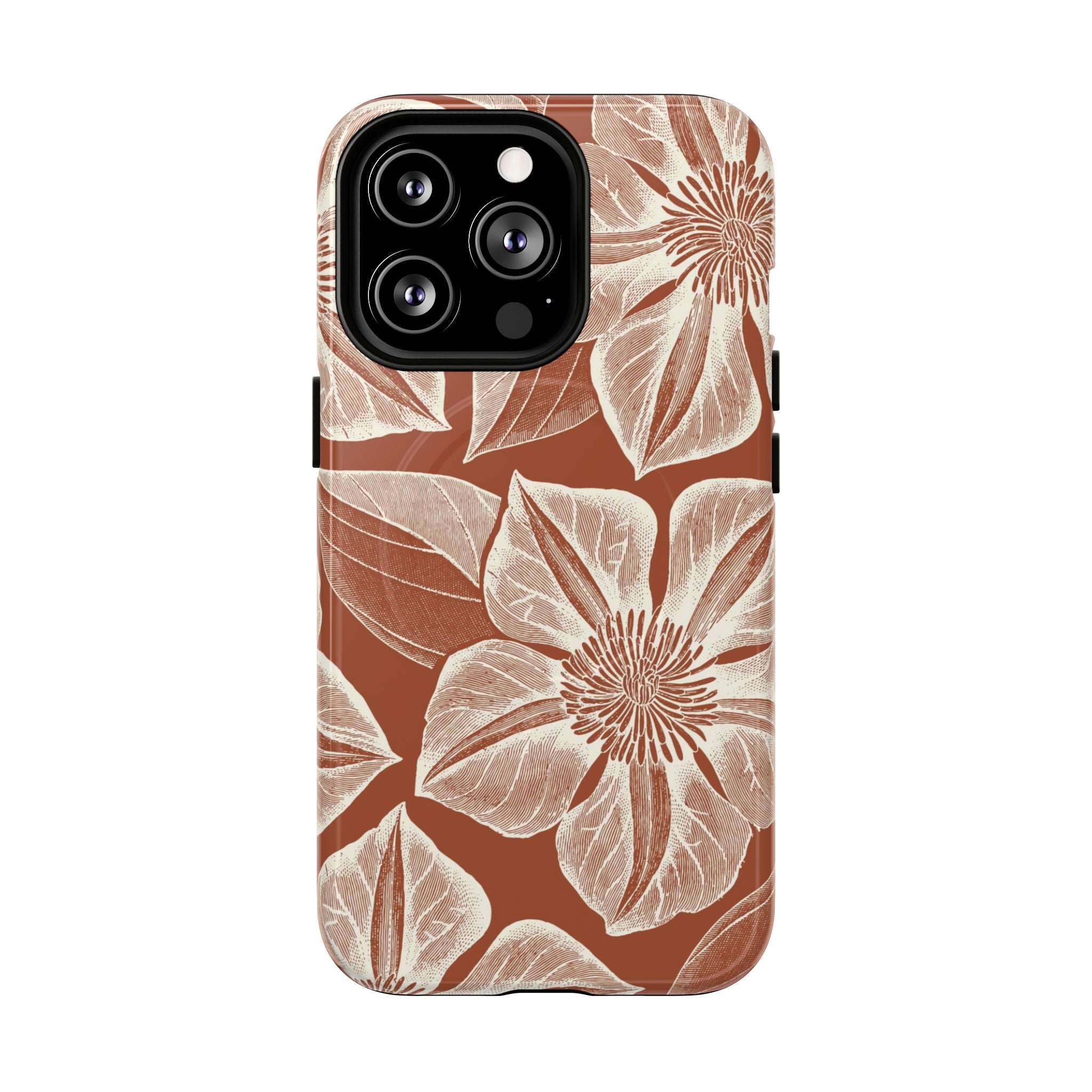Vintage Bloom Sienna MagSafe iPhone 13 Pro – Glossy | sienna ground, large-scale cream clematis print, engraved petal detail, dual-layer protection