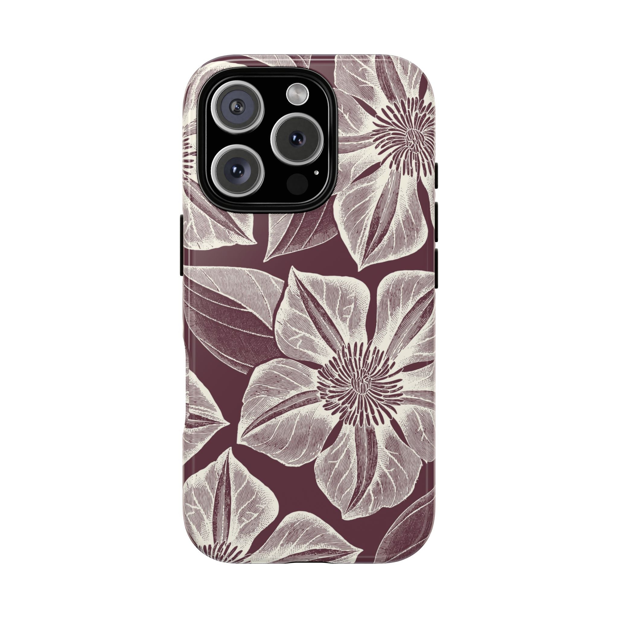 Vintage Bloom Burgundy iPhone 16 Pro case – Glossy | burgundy ground, large-scale cream clematis print, engraved petal detail, dual-layer protection