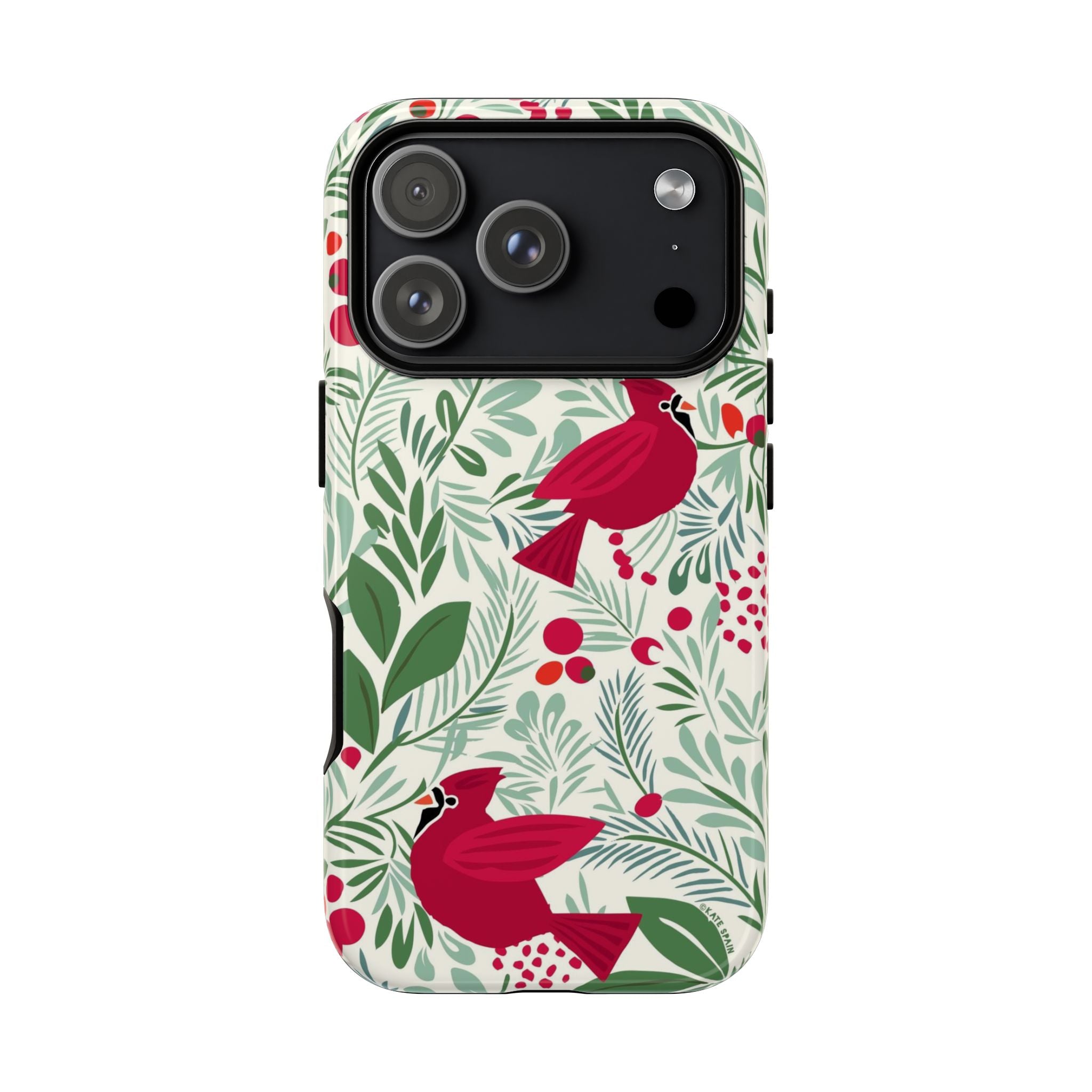 Birds and Berries Tough iPhone 17 Pro Case – Glossy | cream, red, green botanical cardinal berry print