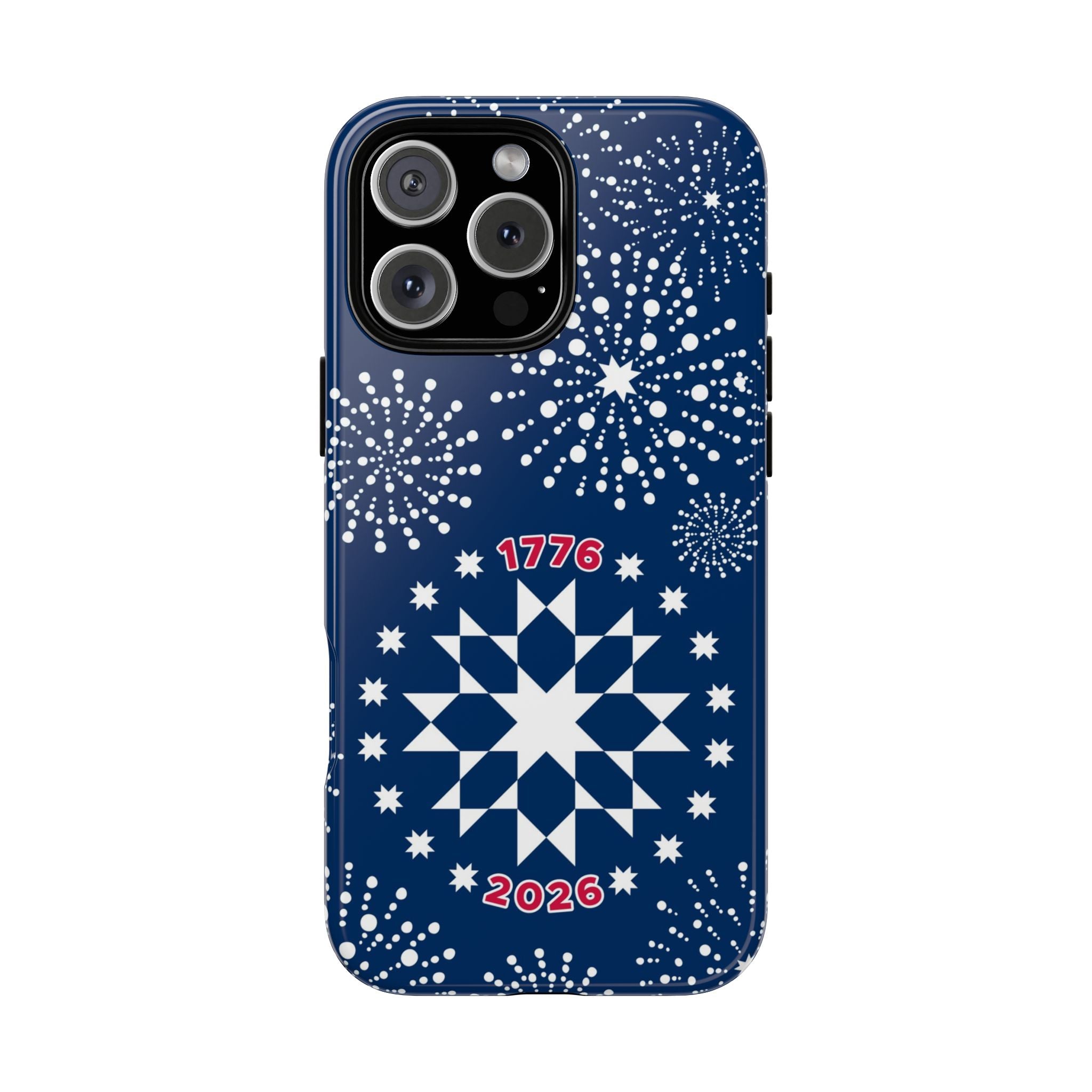 250th Fireworks Tough iPhone 16 Pro Case – Matte | navy, white patriotic star quilt fireworks print
