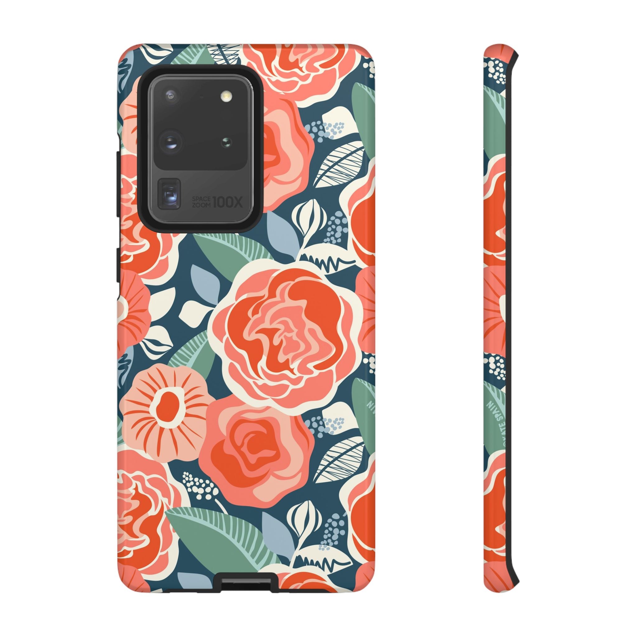 Luxury Tea Rose Navy Samsung Galaxy S20 Ultra Case – Glossy | navy, coral, peach botanical rose floral print