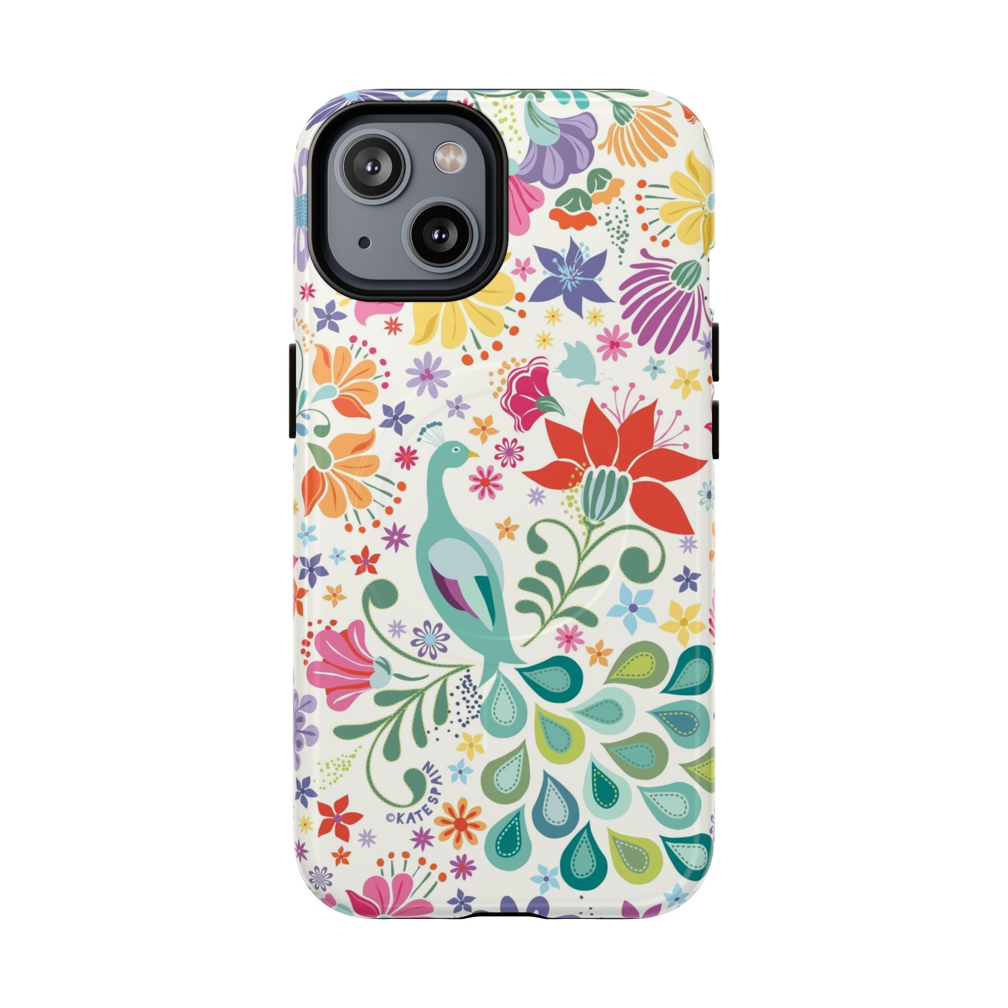 Peacock Sanctuary MagSafe iPhone 14 Case – Glossy | cream, teal, coral multicolor vibrant peacock feather botanical print